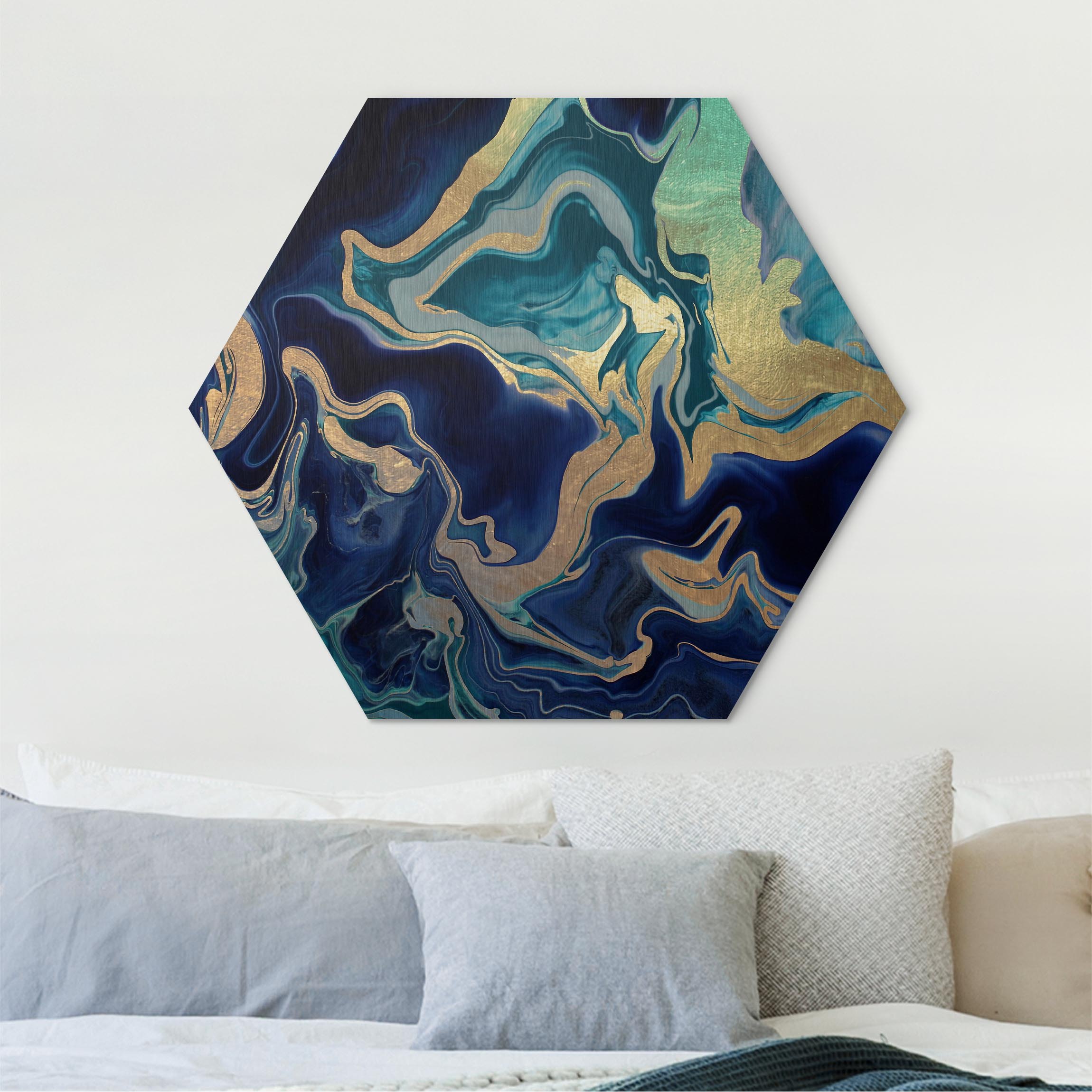 Hexagon-Alu-Dibond Bild Spiel der Farben Indigo Feuer