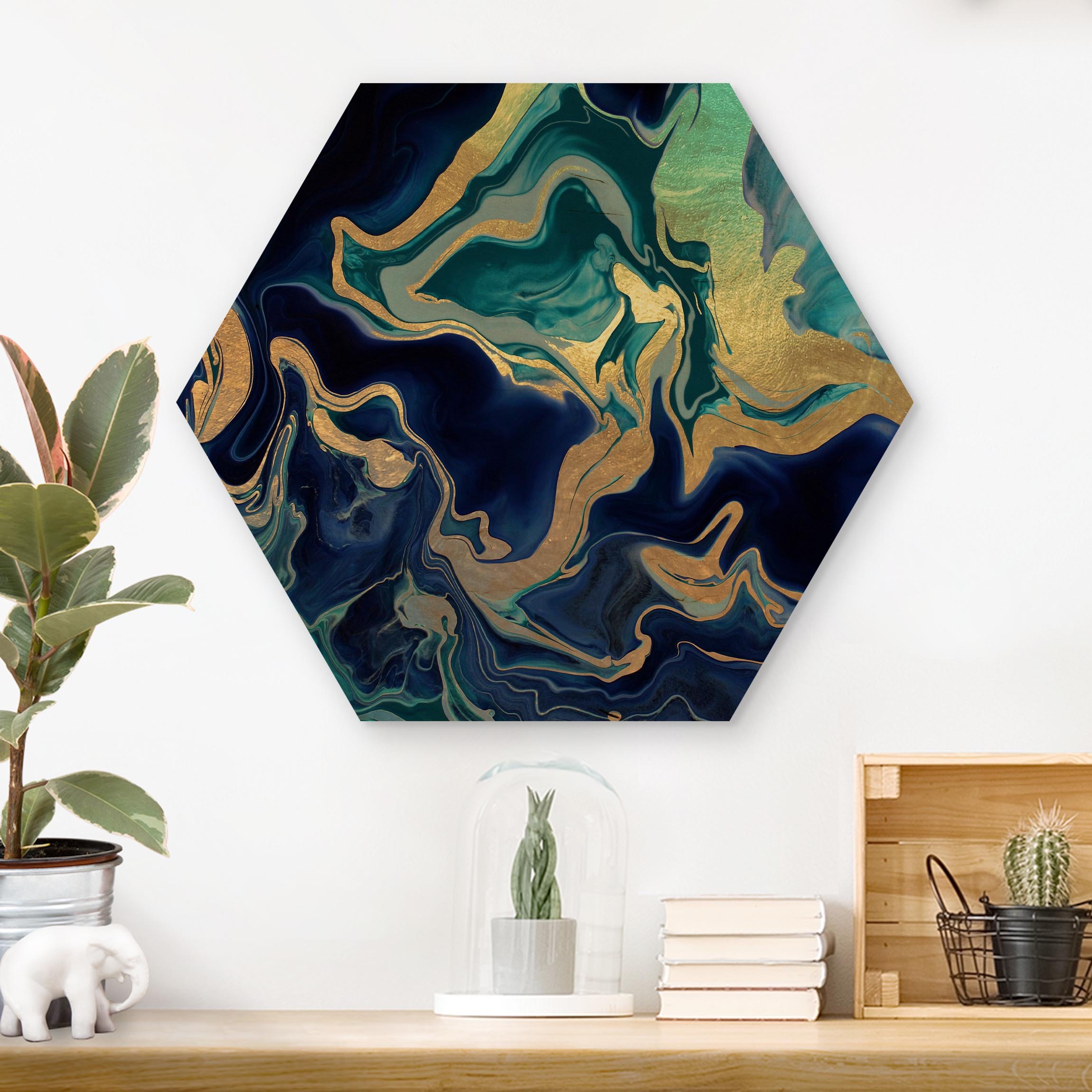 Hexagon-Holzbild Spiel der Farben Indigo Feuer