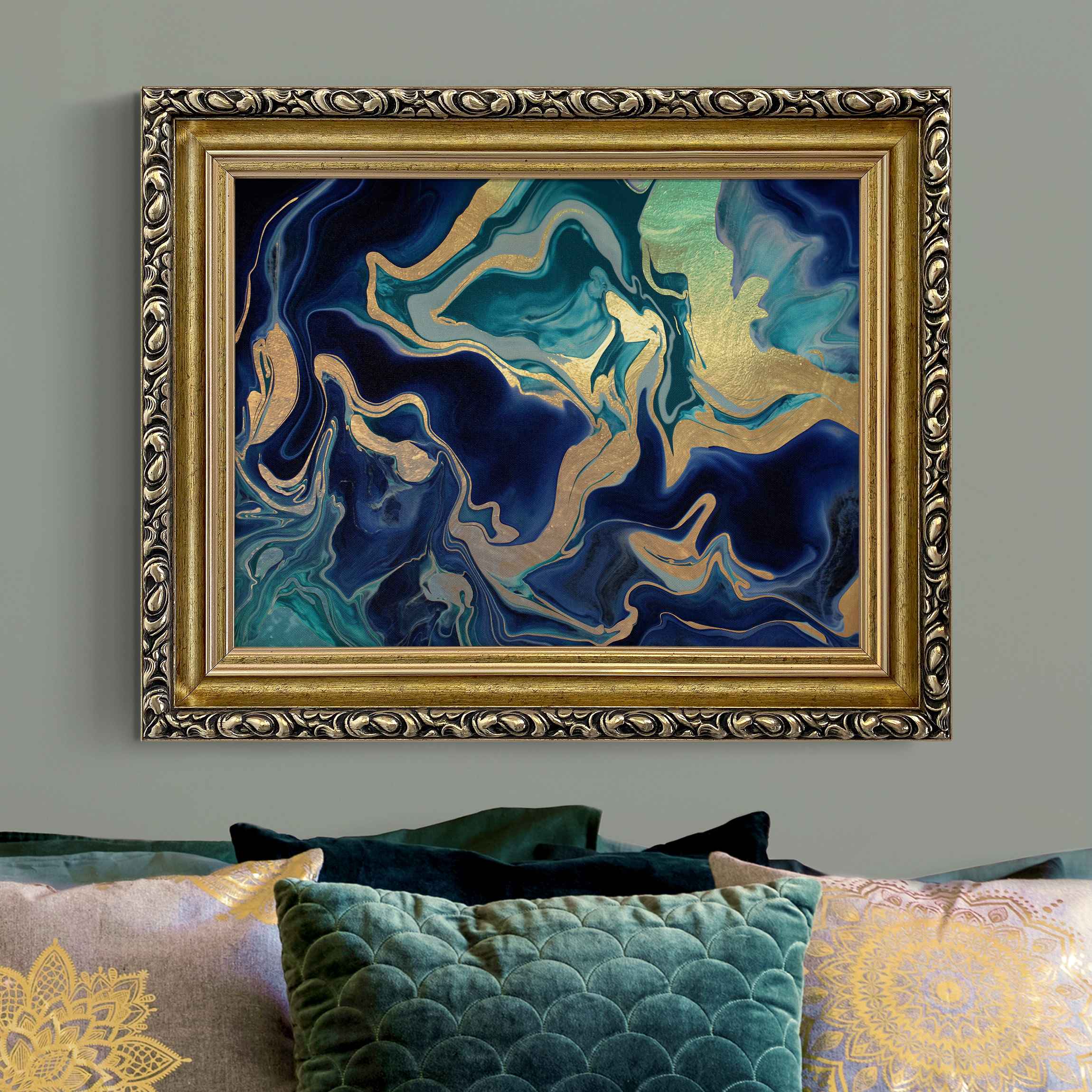 Leinwandbild in Barockrahmen Spiel der Farben Indigo Feuer