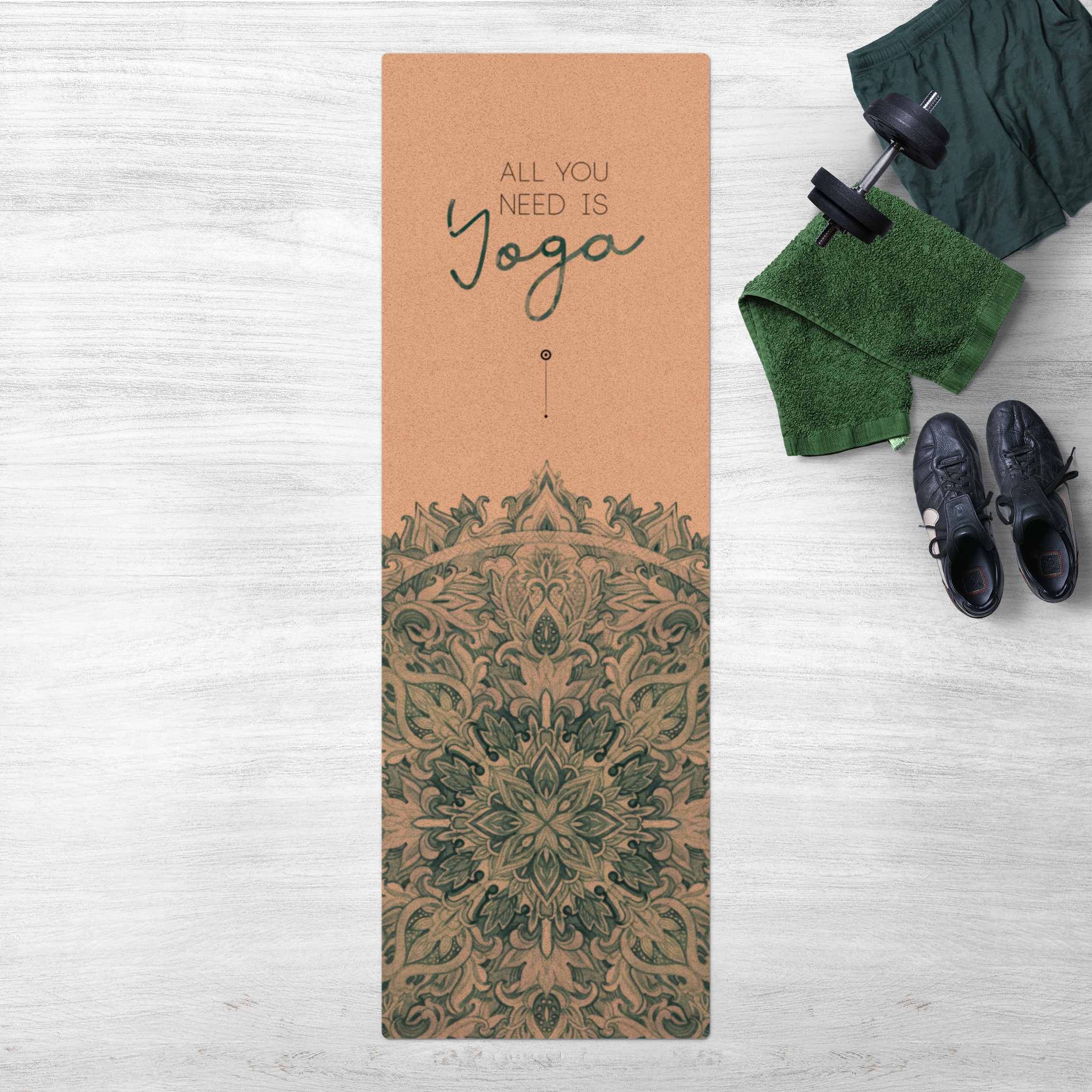 Kork-Teppich Spruch All you need is Yoga Blau