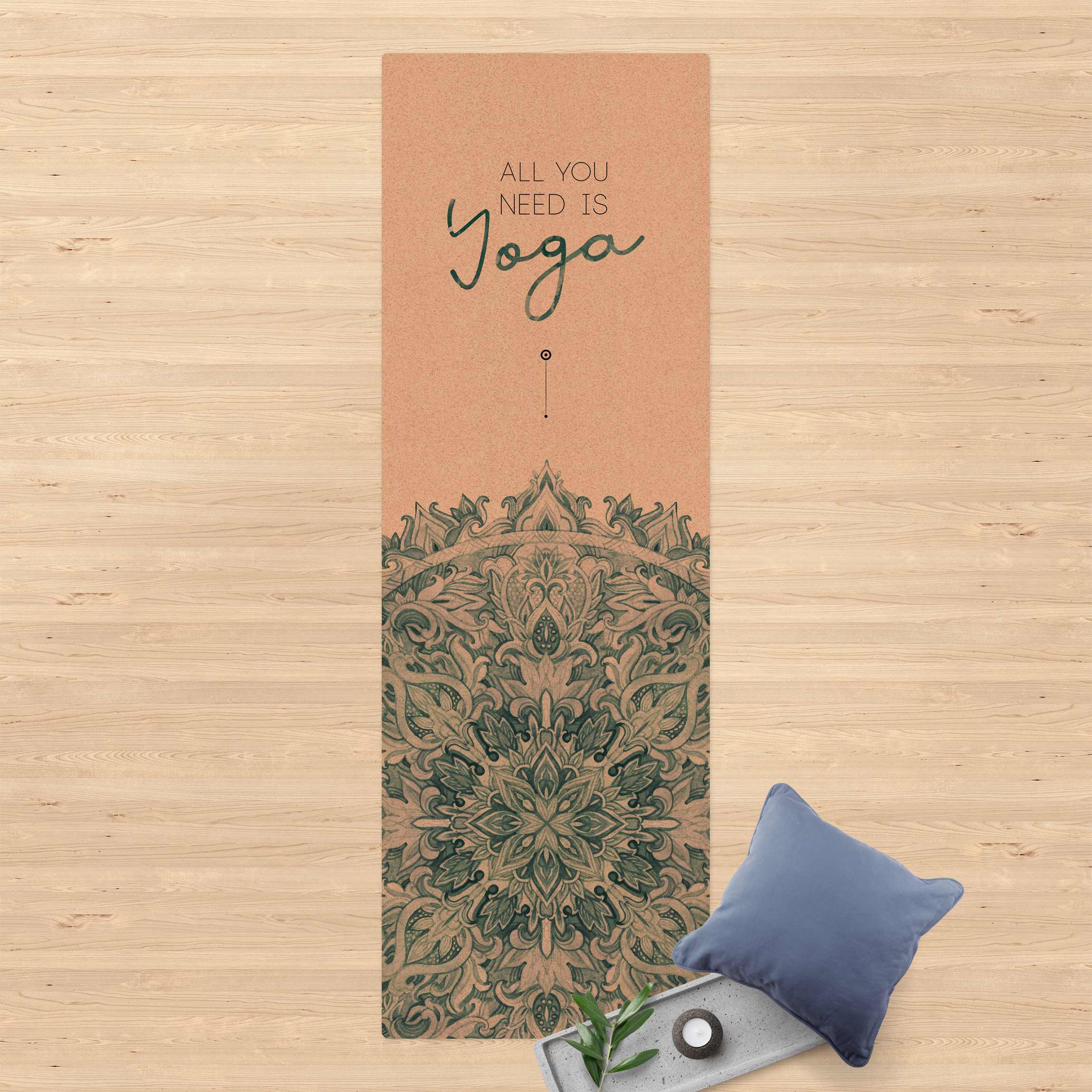 Kork-Teppich Spruch All you need is Yoga Blau