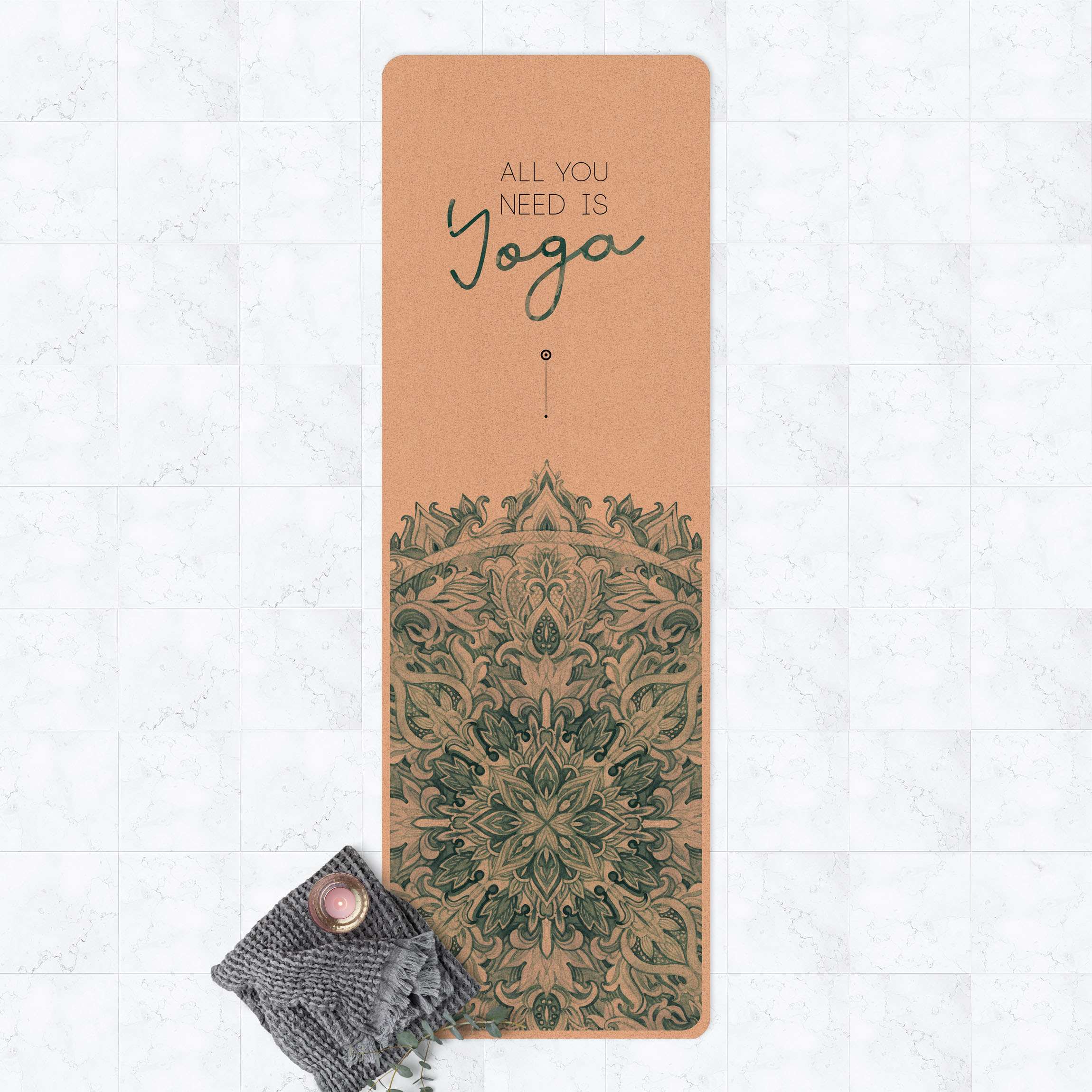 Yogamatte Kork Spruch All you need is Yoga Blau