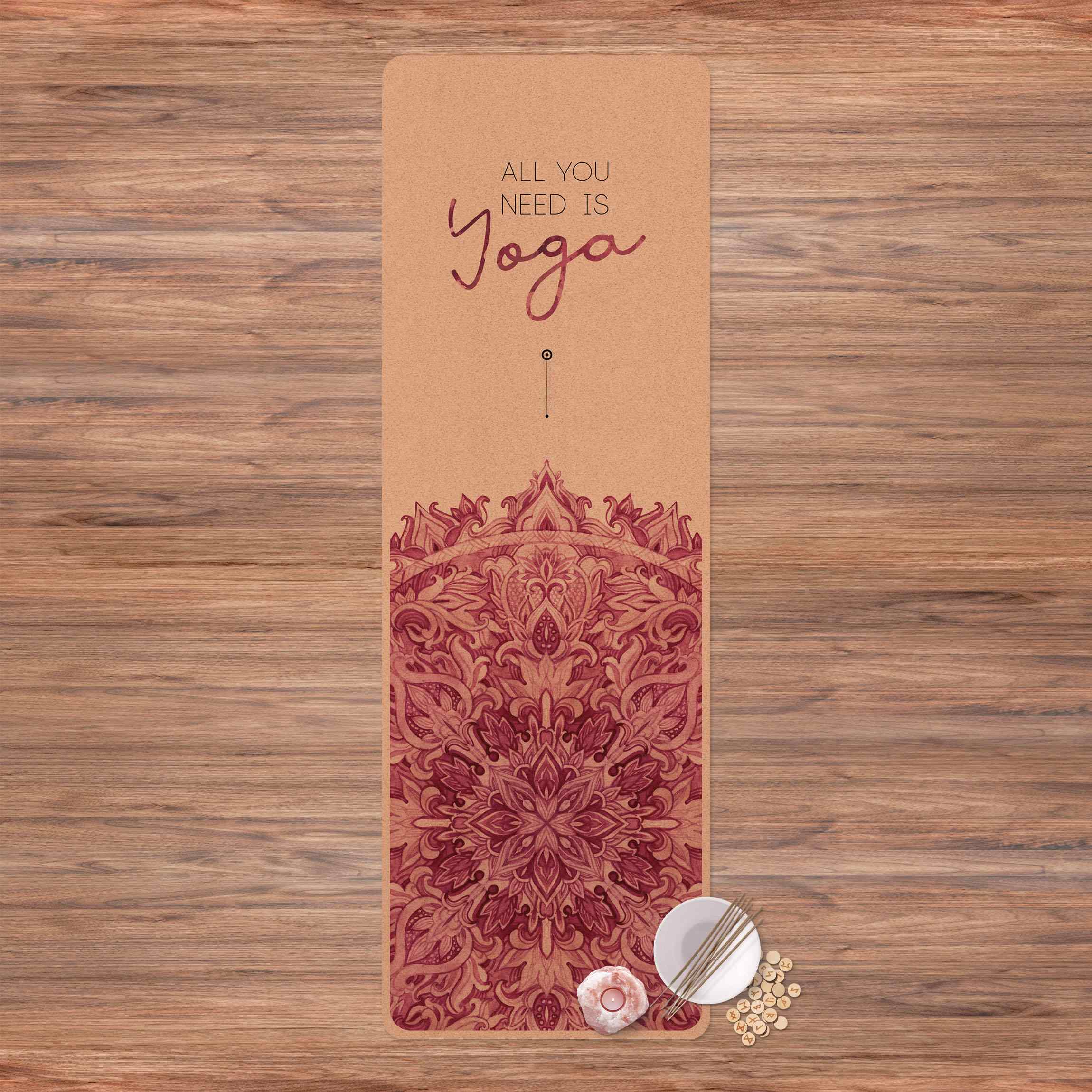 Yogamatte Kork Spruch All you need is Yoga Rot
