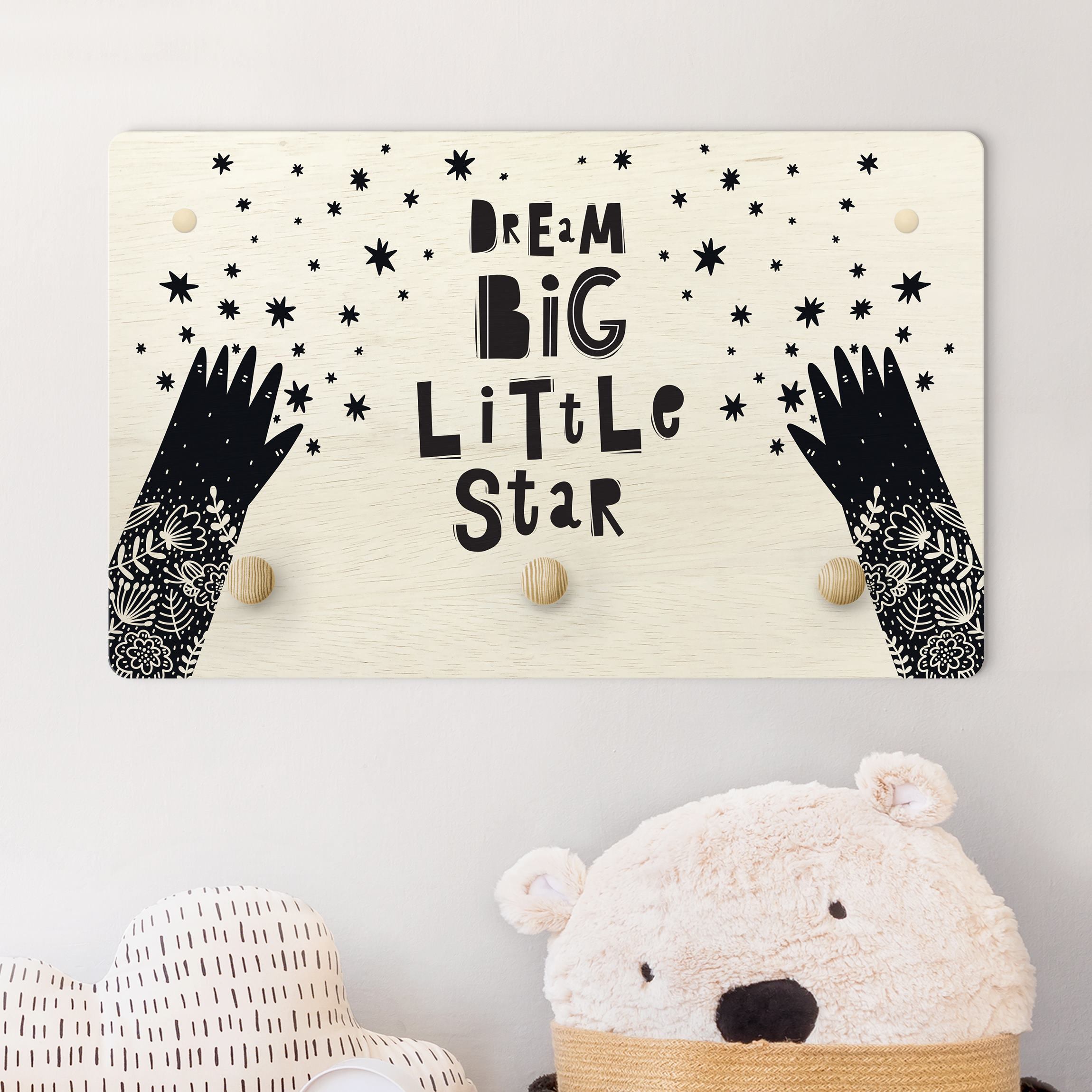 Kindergarderobe Holz Spruch Dream Big Little Star mit Blumen Schwarz