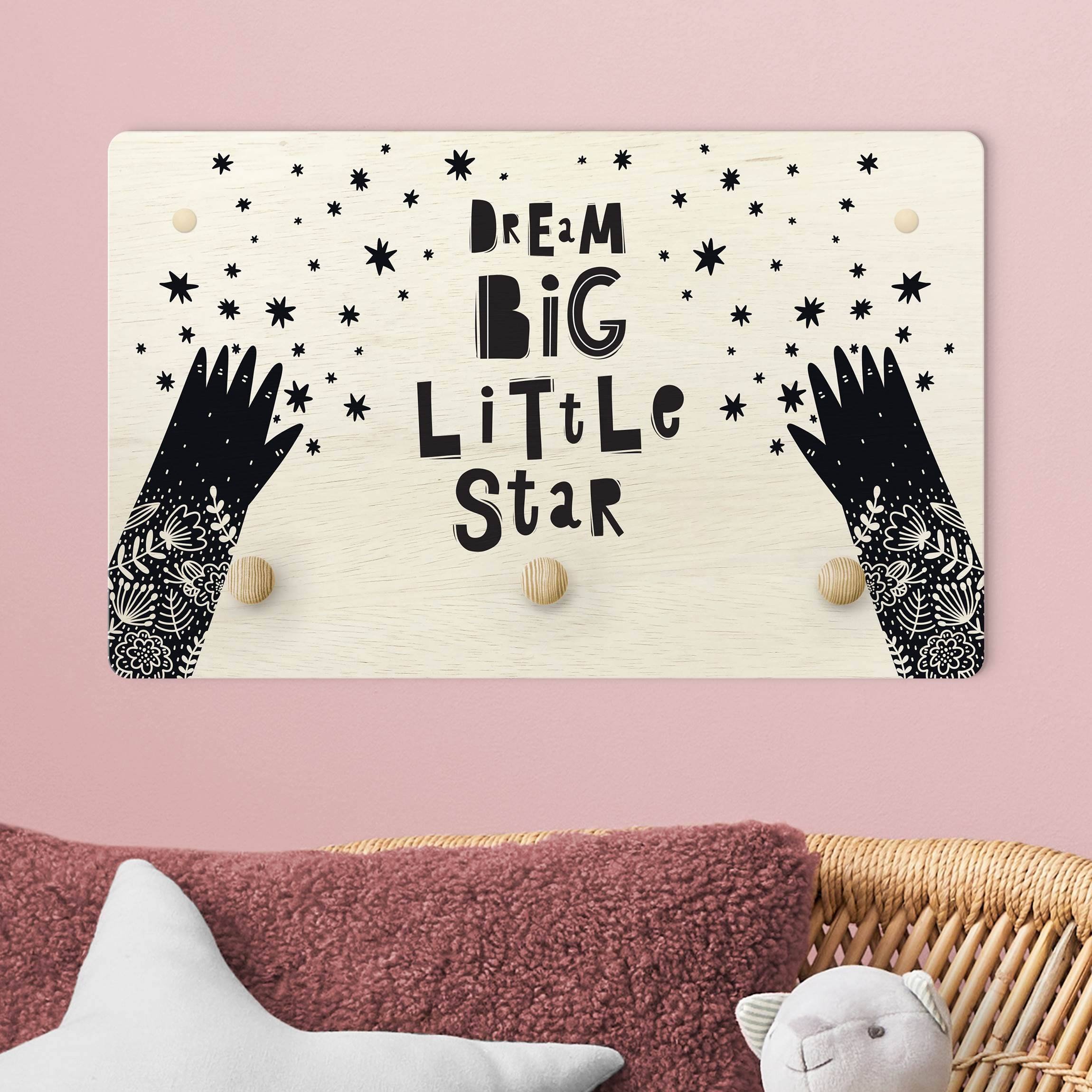 Kindergarderobe Holz Spruch Dream Big Little Star mit Blumen Schwarz