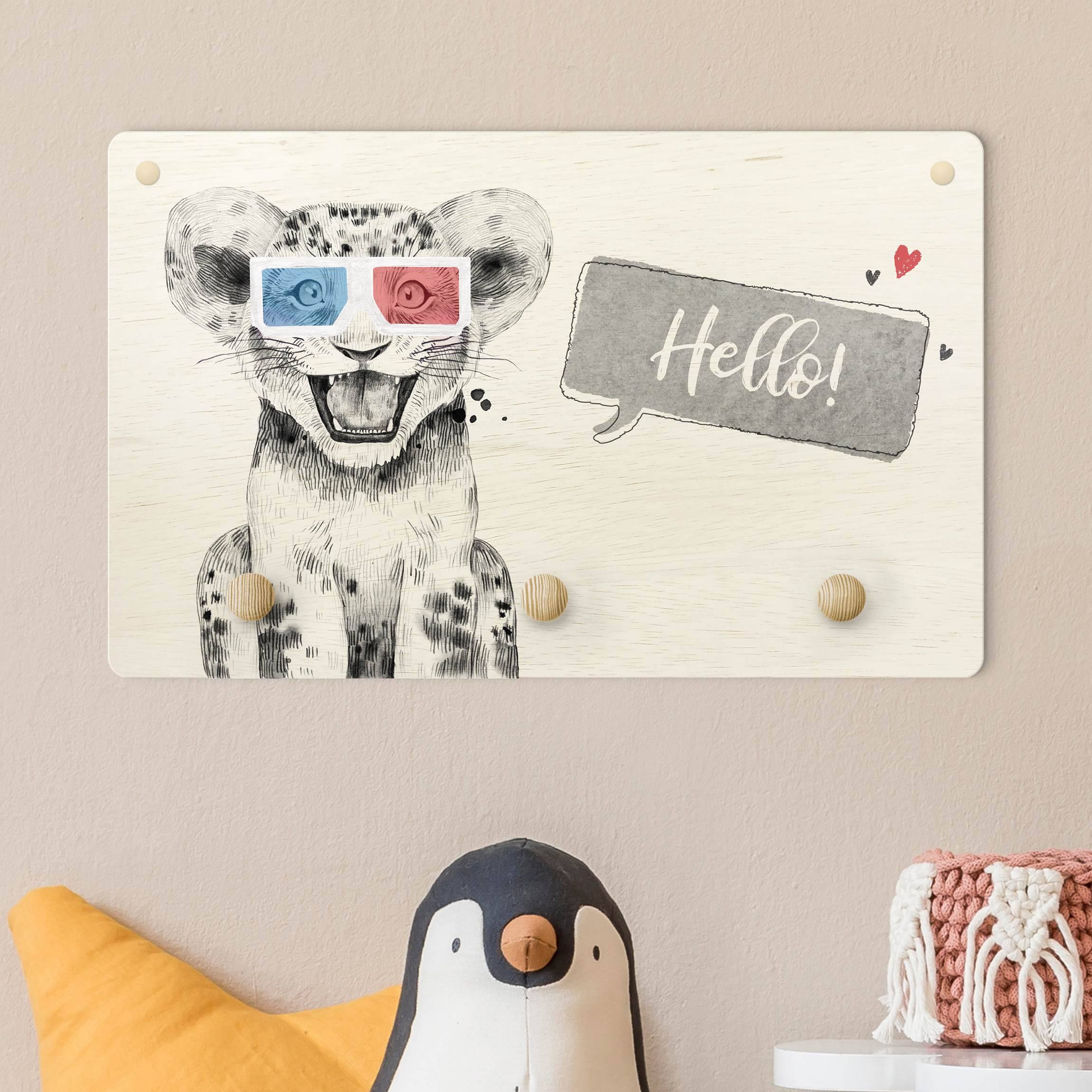 Kindergarderobe Holz Spruch Hello fröhliches Löwenbaby
