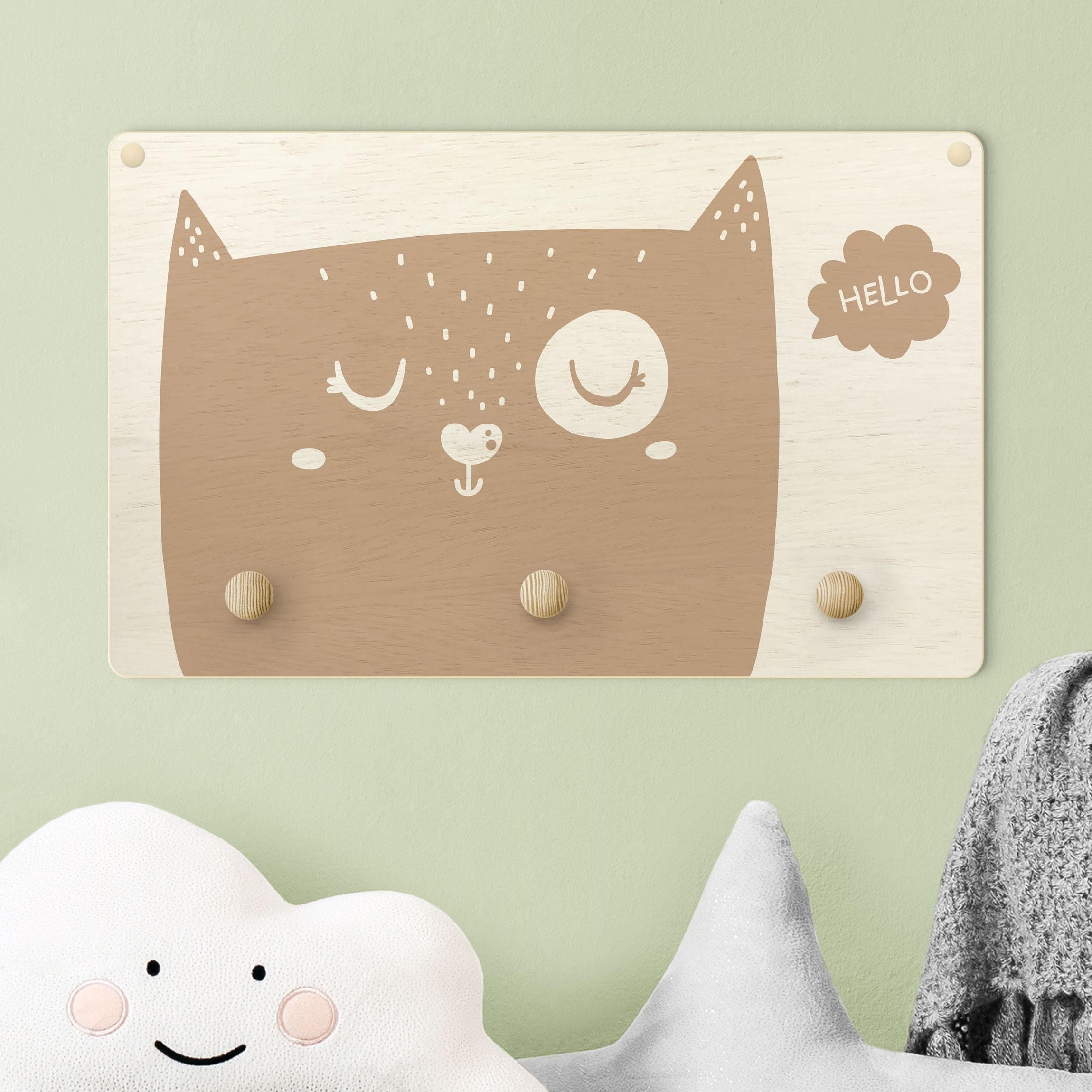 Kindergarderobe Holz Spruch Hello Katzengesicht Natur