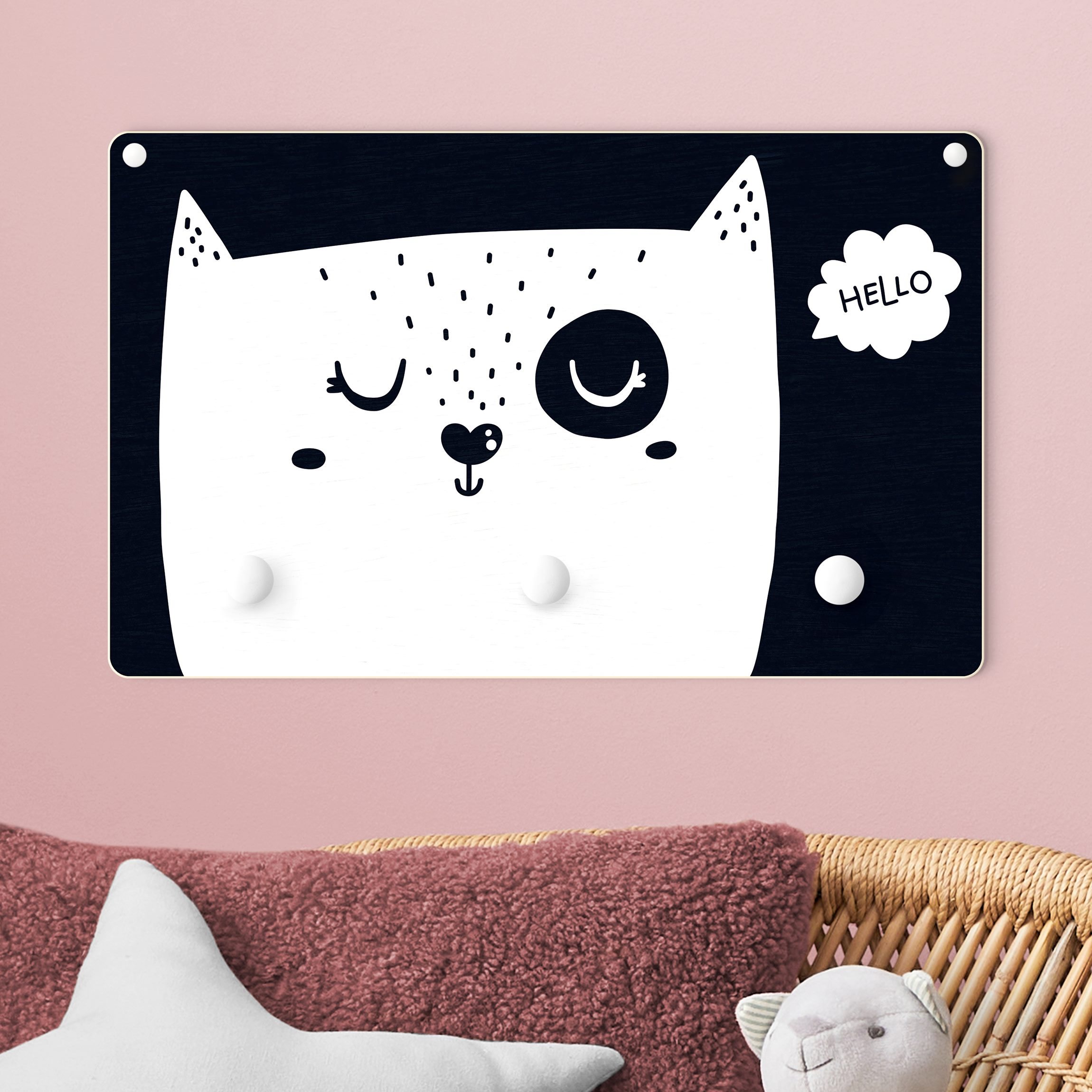 Kindergarderobe Holz Spruch Hello Katzengesicht Schwarz Weiß