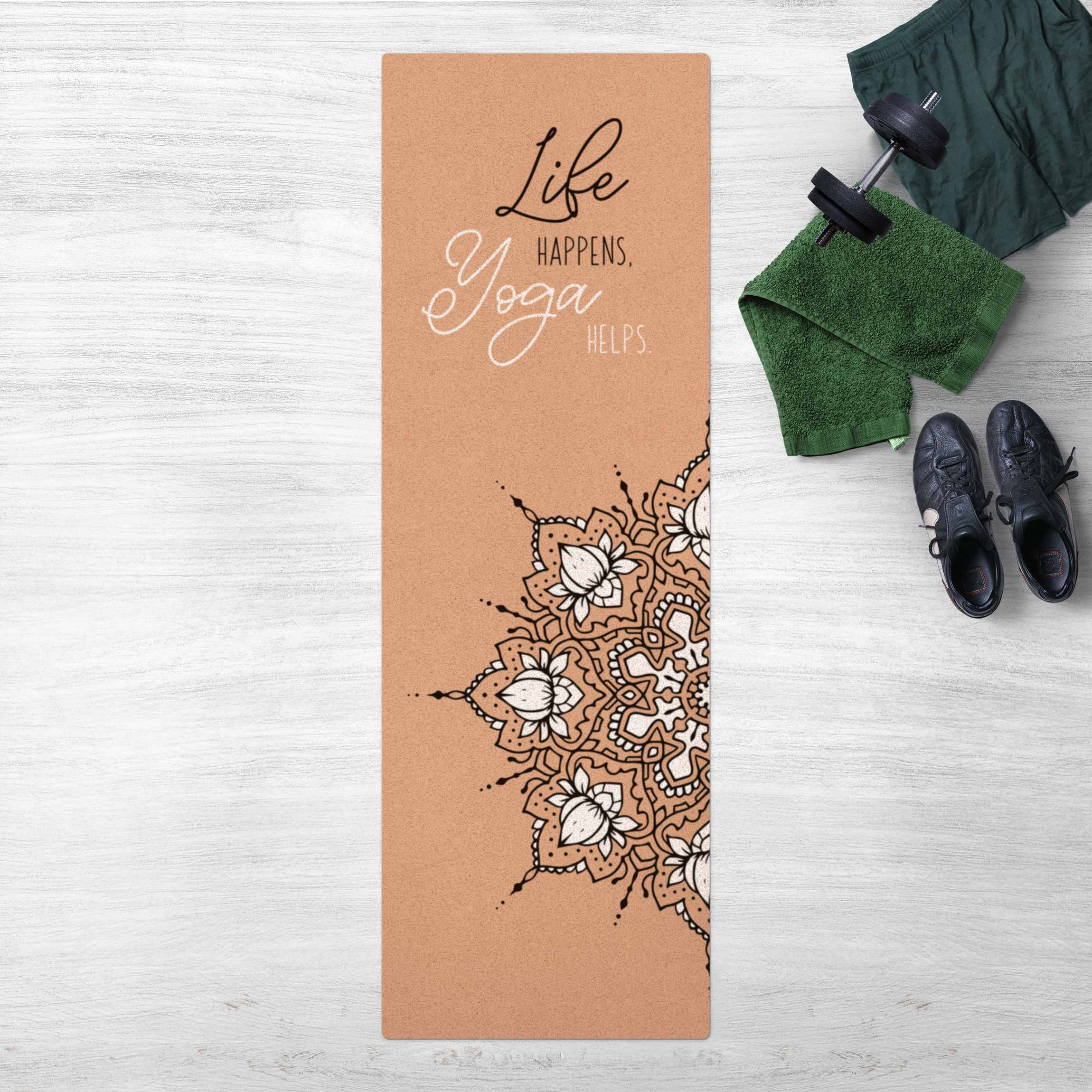 Kork-Teppich Spruch Life Happens Yoga Helps