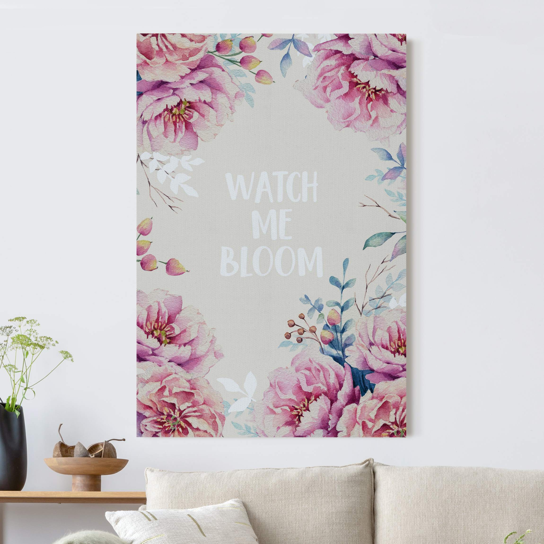 Akustikbild Spruch watch me bloom mit Rosen