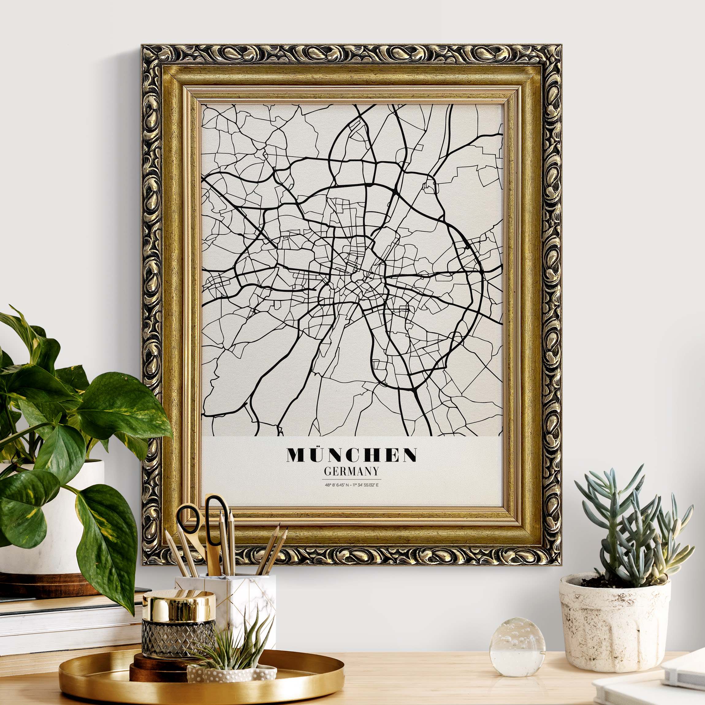 Leinwandbild mit Barockrahmen Stadtplan München - Klassik