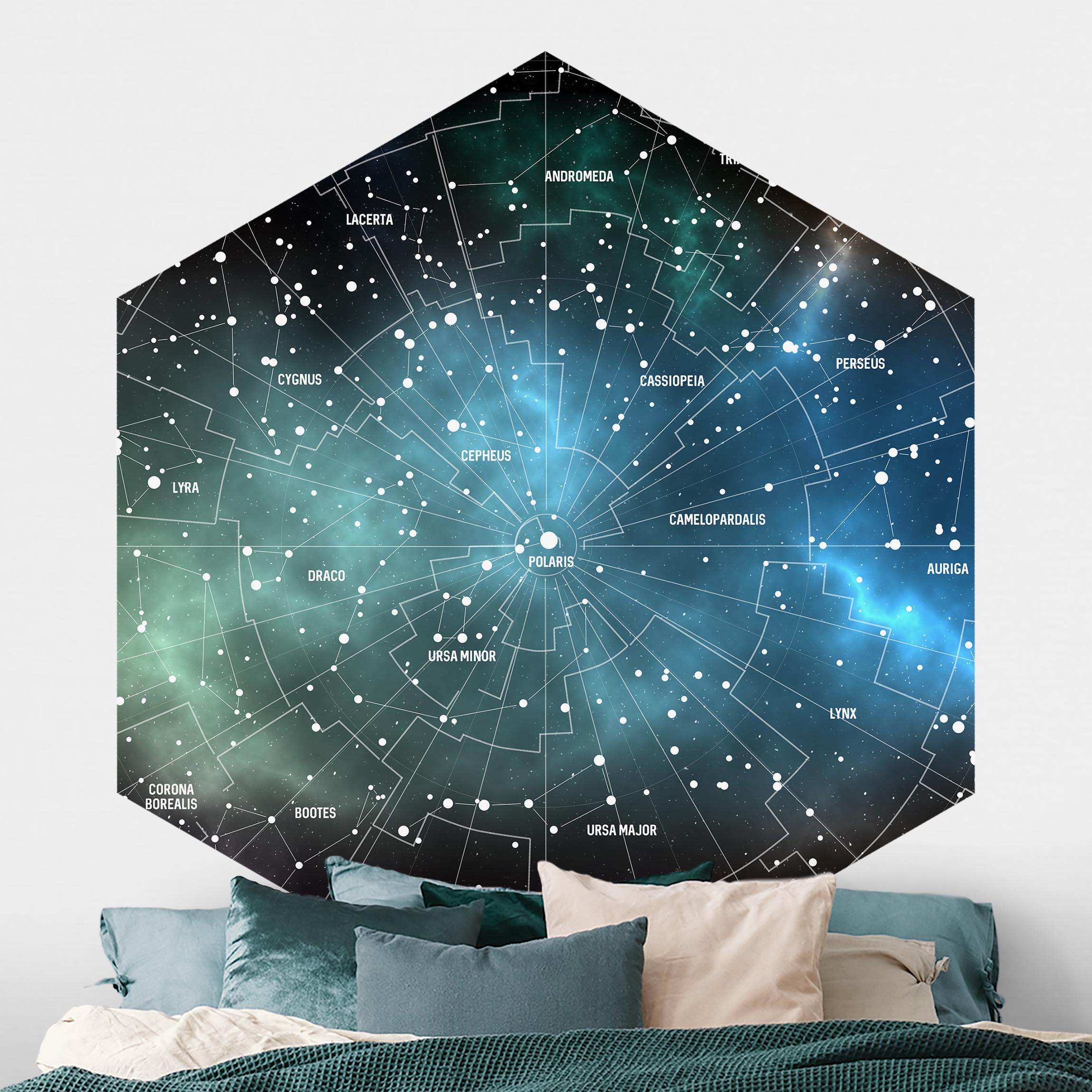 Hexagon Fototapete selbstklebend Sternbilder Karte Galaxienebel
