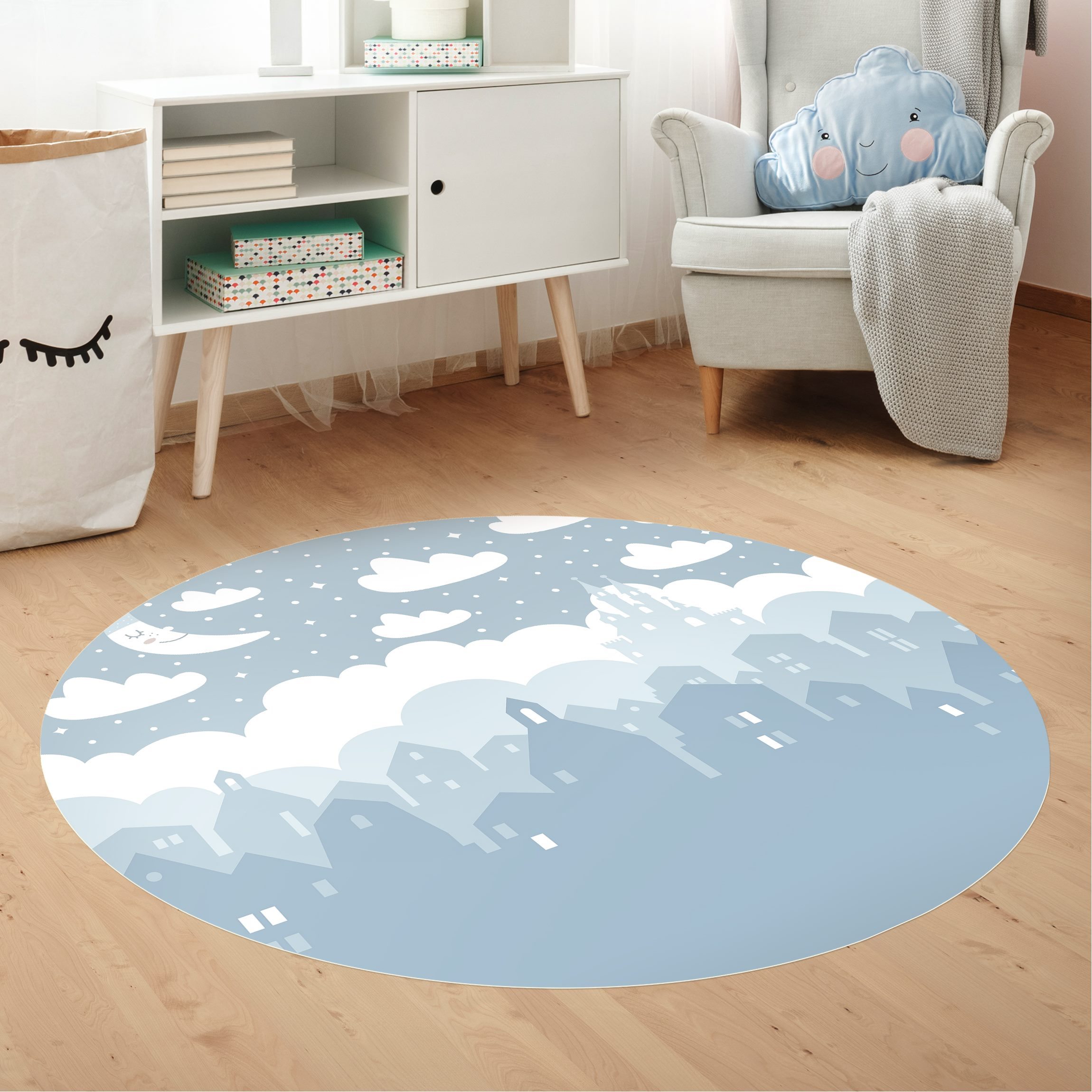 Runder Vinyl-Teppich Sternenhimmel mit Häusern und Mond in blau