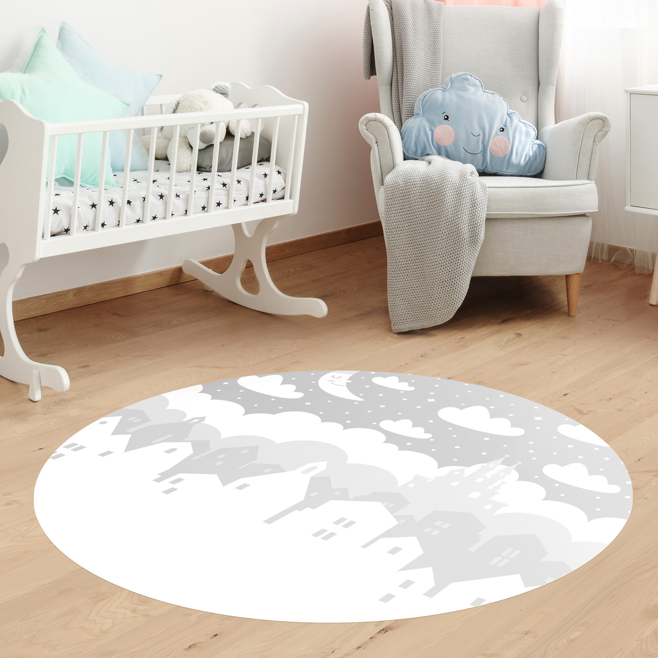 Runder Vinyl-Teppich Sternenhimmel mit Häusern und Mond in grau