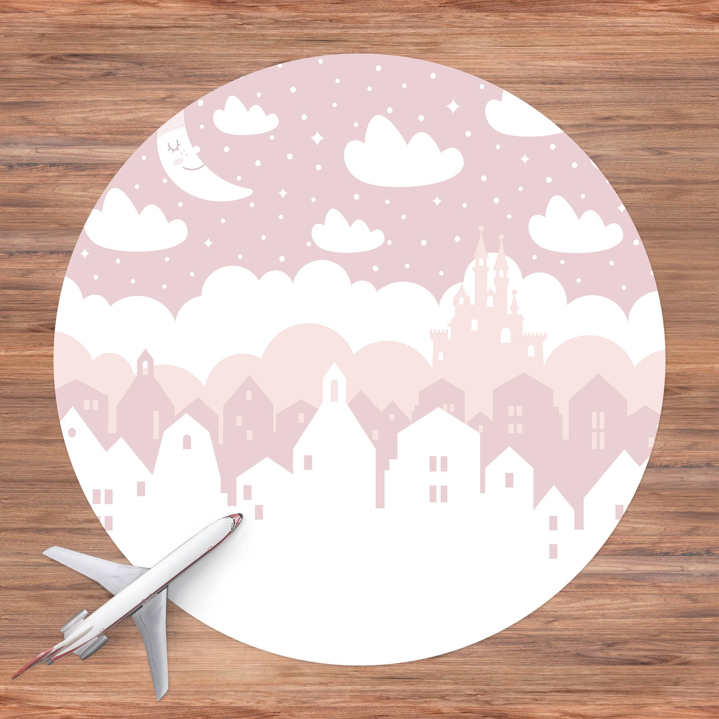 Runder Vinyl-Teppich Sternenhimmel mit Häusern und Mond in rosa