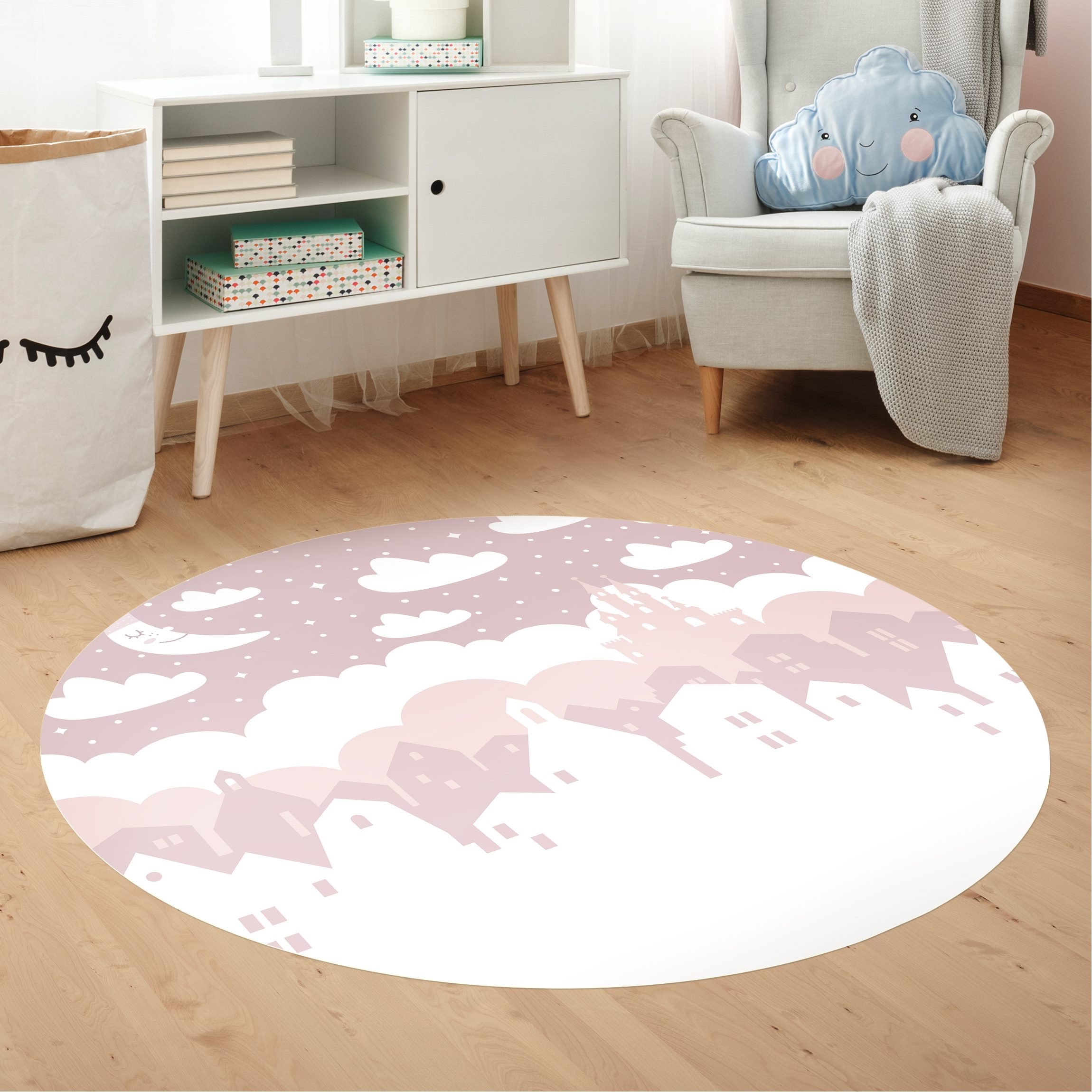 Runder Vinyl-Teppich Sternenhimmel mit Häusern und Mond in rosa