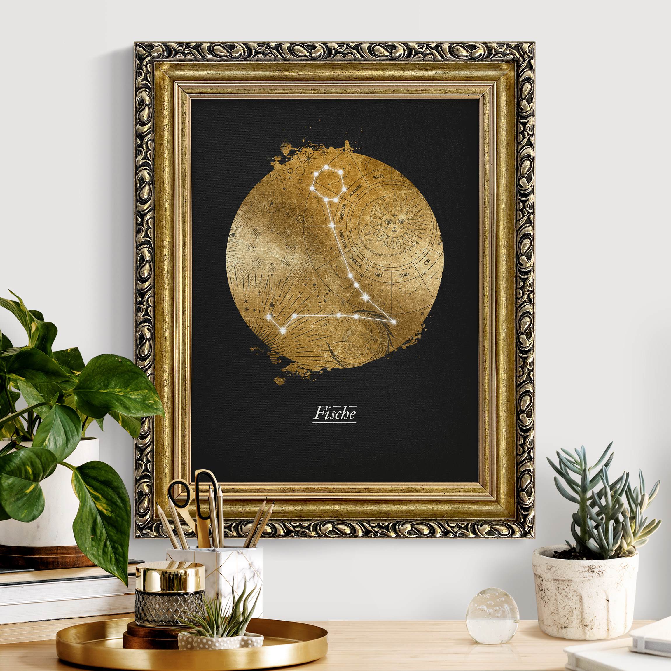 Leinwandbild mit Barockrahmen Sternzeichen Fische Grau Gold