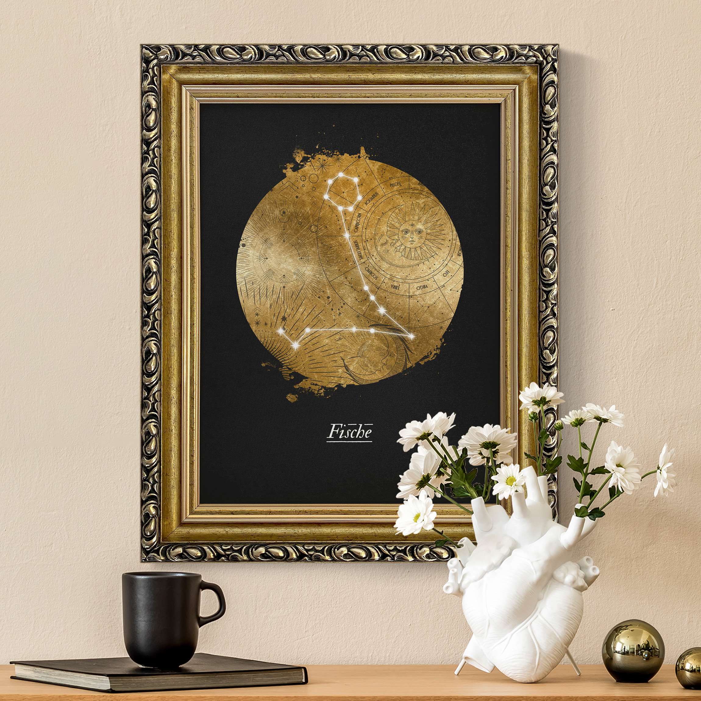 Leinwandbild in Barockrahmen Sternzeichen Fische Grau Gold