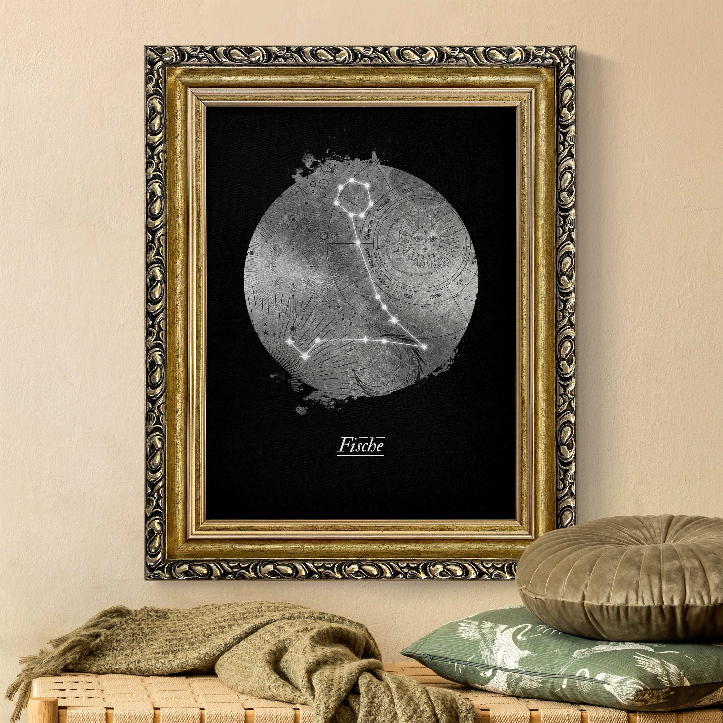 Leinwandbild in Barockrahmen Sternzeichen Fische Silber