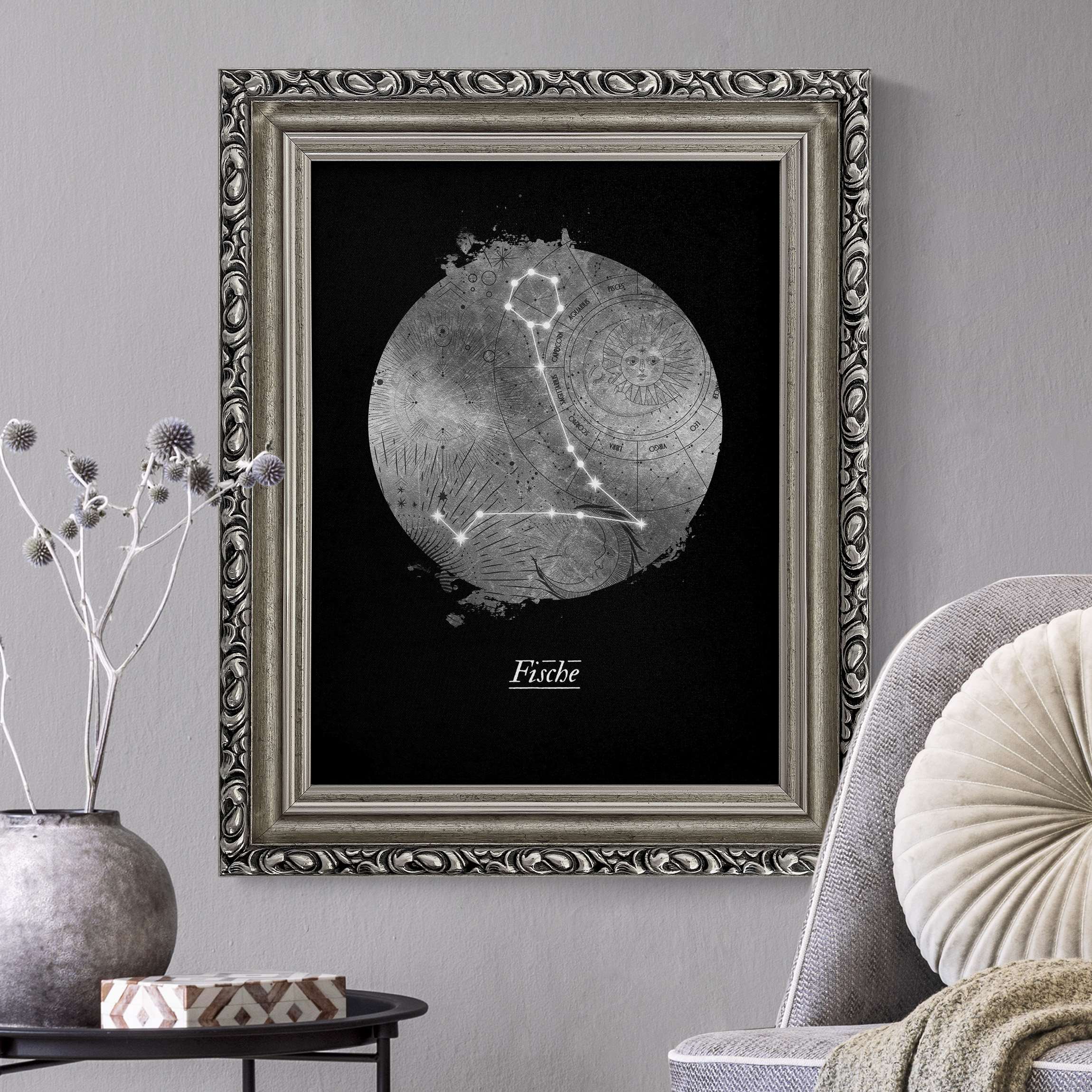 Leinwandbild in Barockrahmen Sternzeichen Fische Silber
