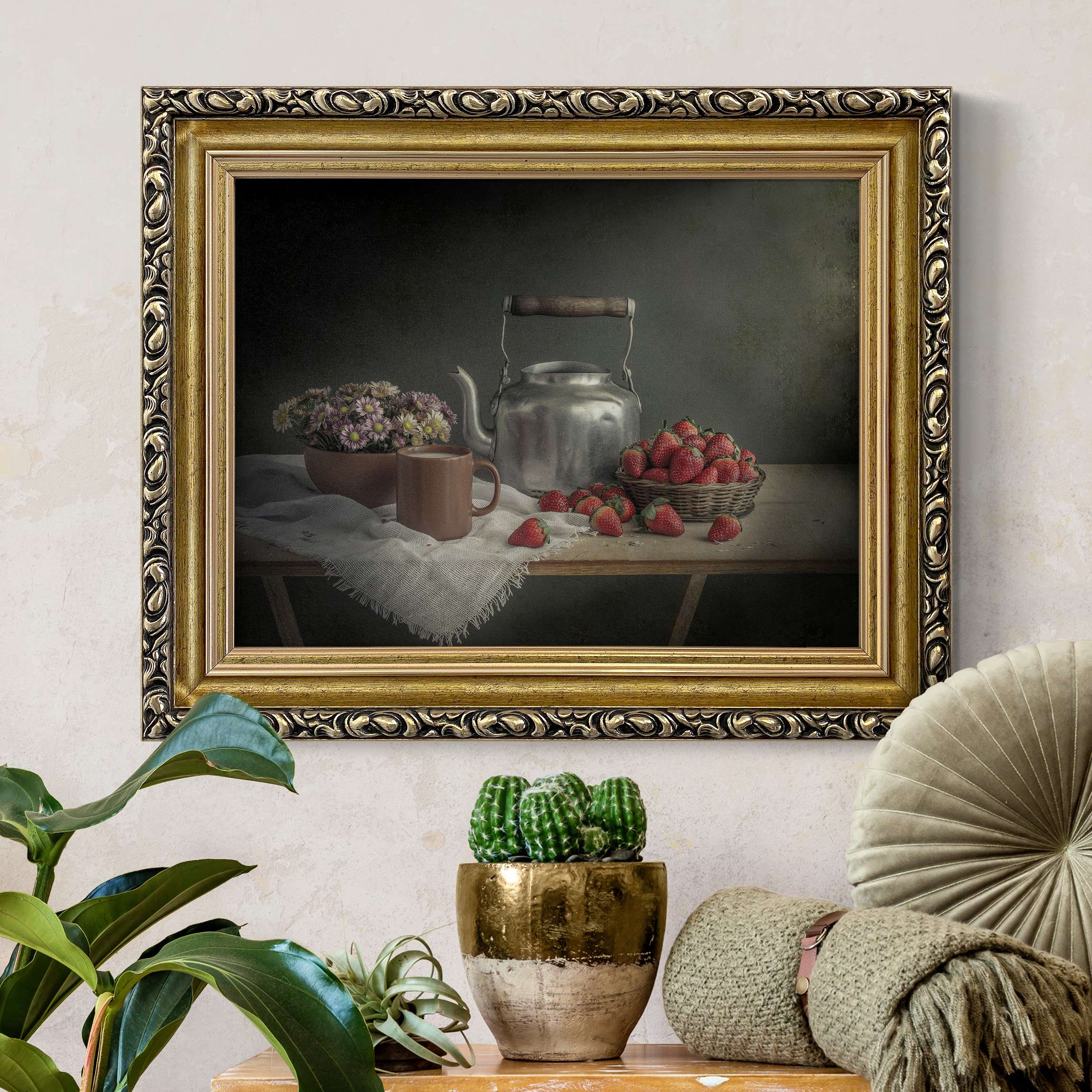 Leinwandbild mit Barockrahmen Stillleben mit Erdbeeren