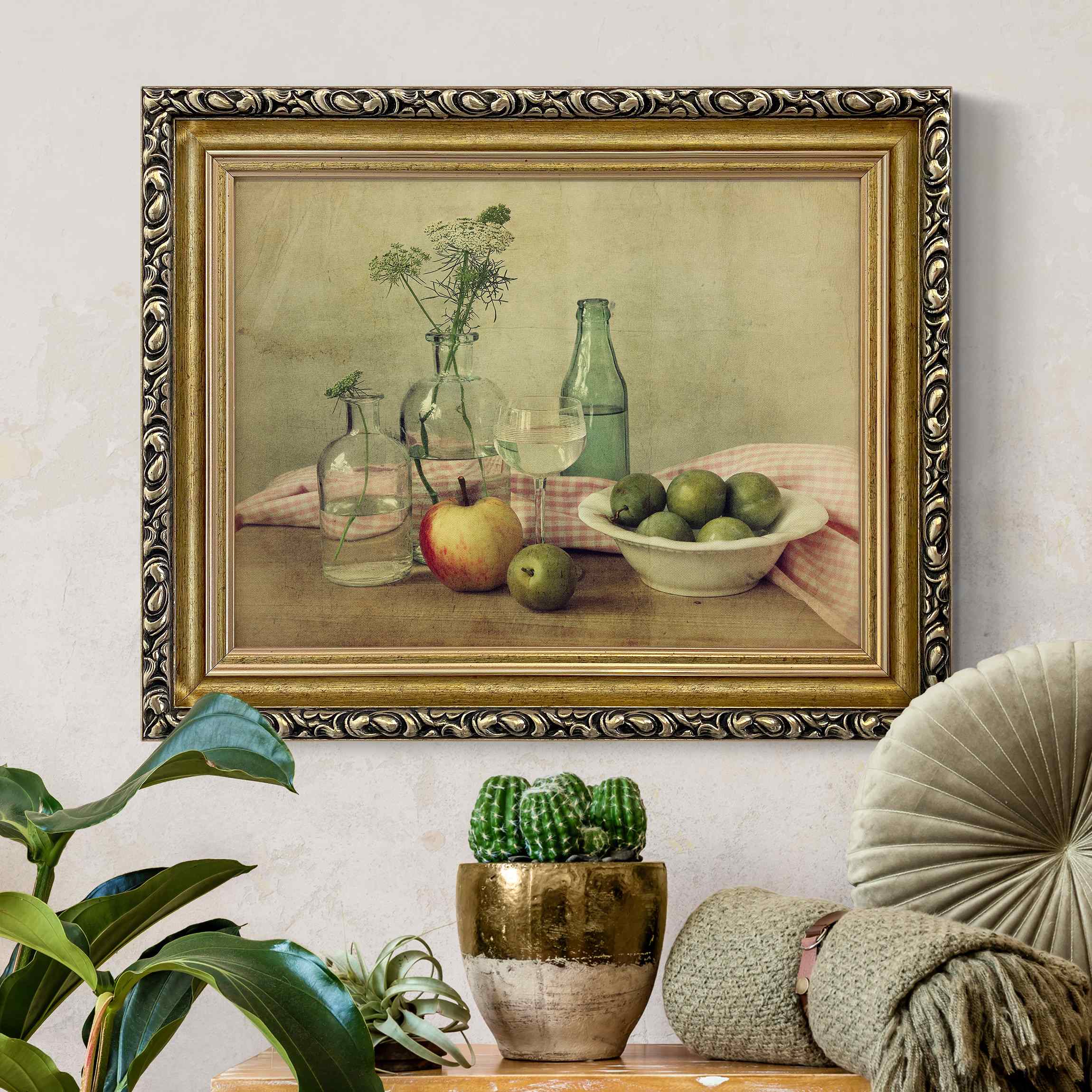 Leinwandbild mit Barockrahmen Stillleben mit Flaschen
