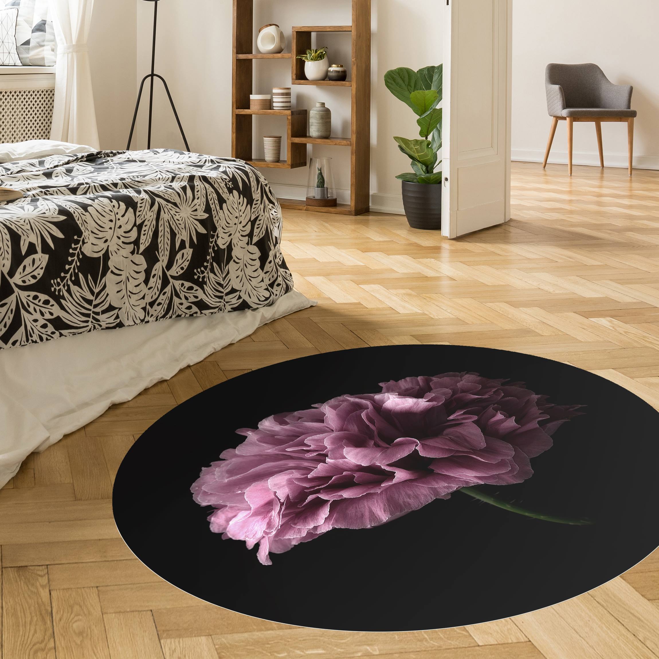 Runder Vinyl-Teppich Stolze Pfingstrose vor Schwarz