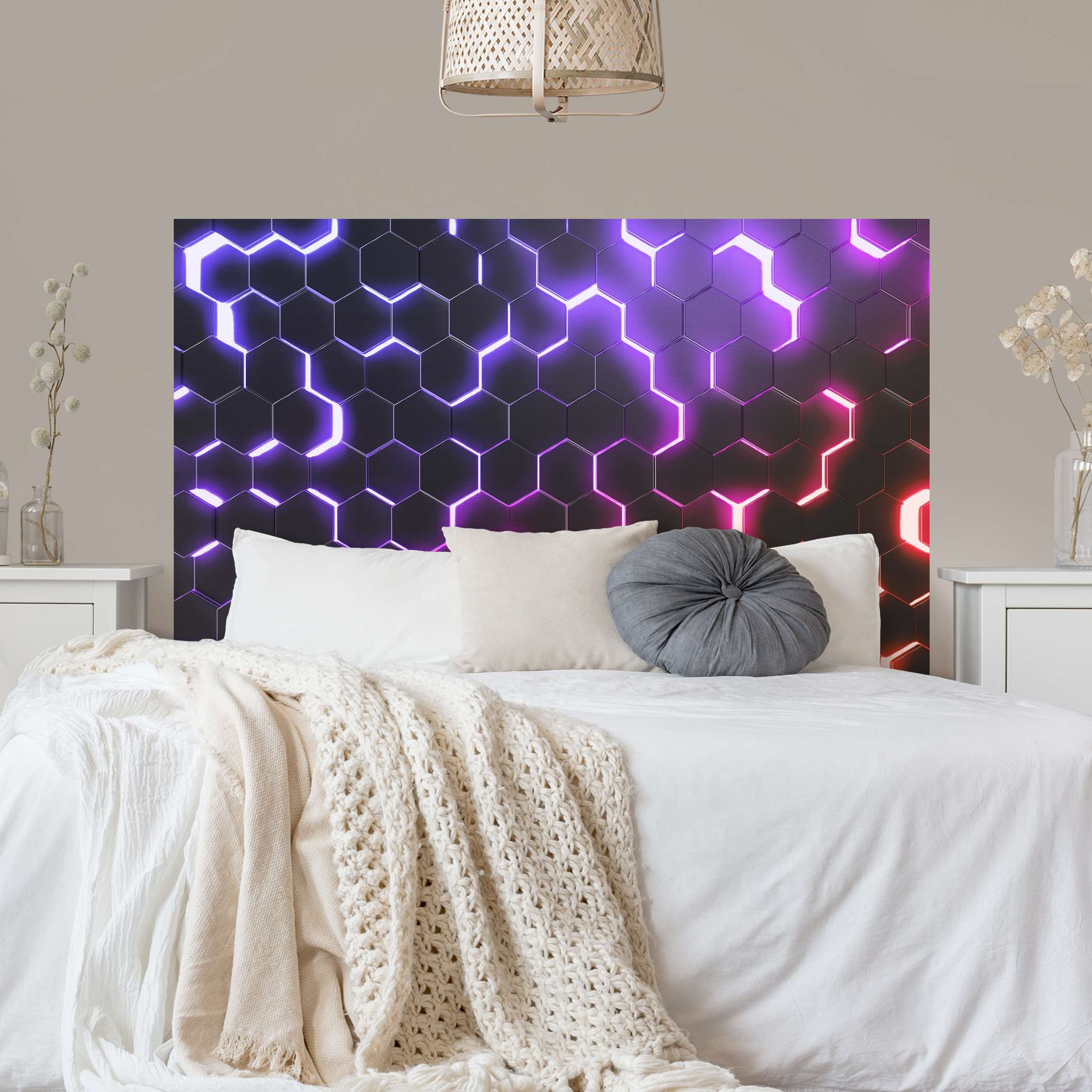 Kopfteil Bett Strukturierte Hexagone mit Neonlicht in Rosa und Lila