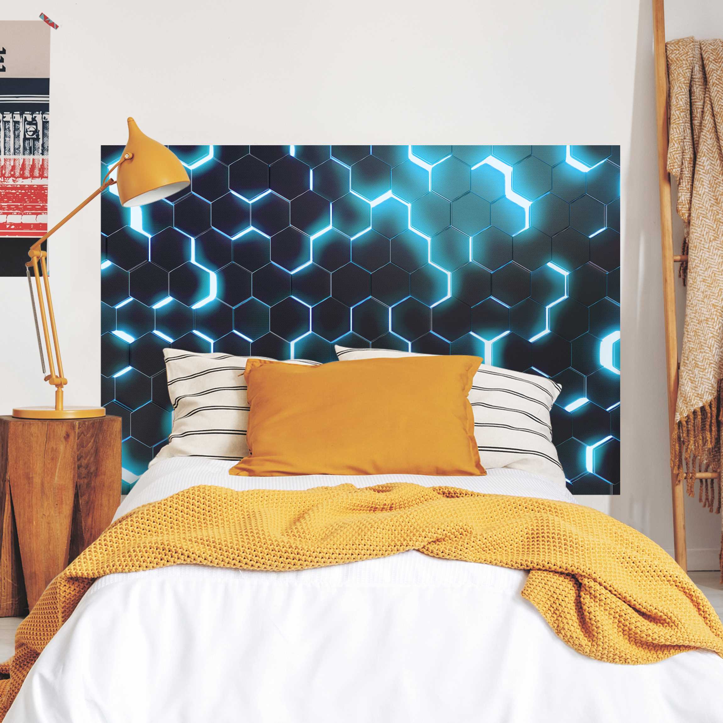 Kopfteil Bett Strukturierte Hexagone mit Neonlicht in Türkis