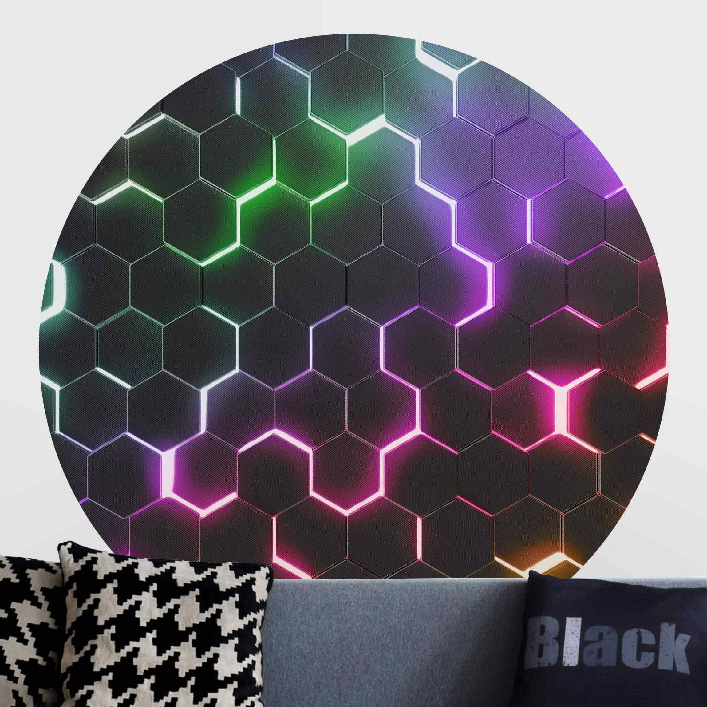 Runde Tapete selbstklebend Strukturierte Hexagone mit Neonlicht