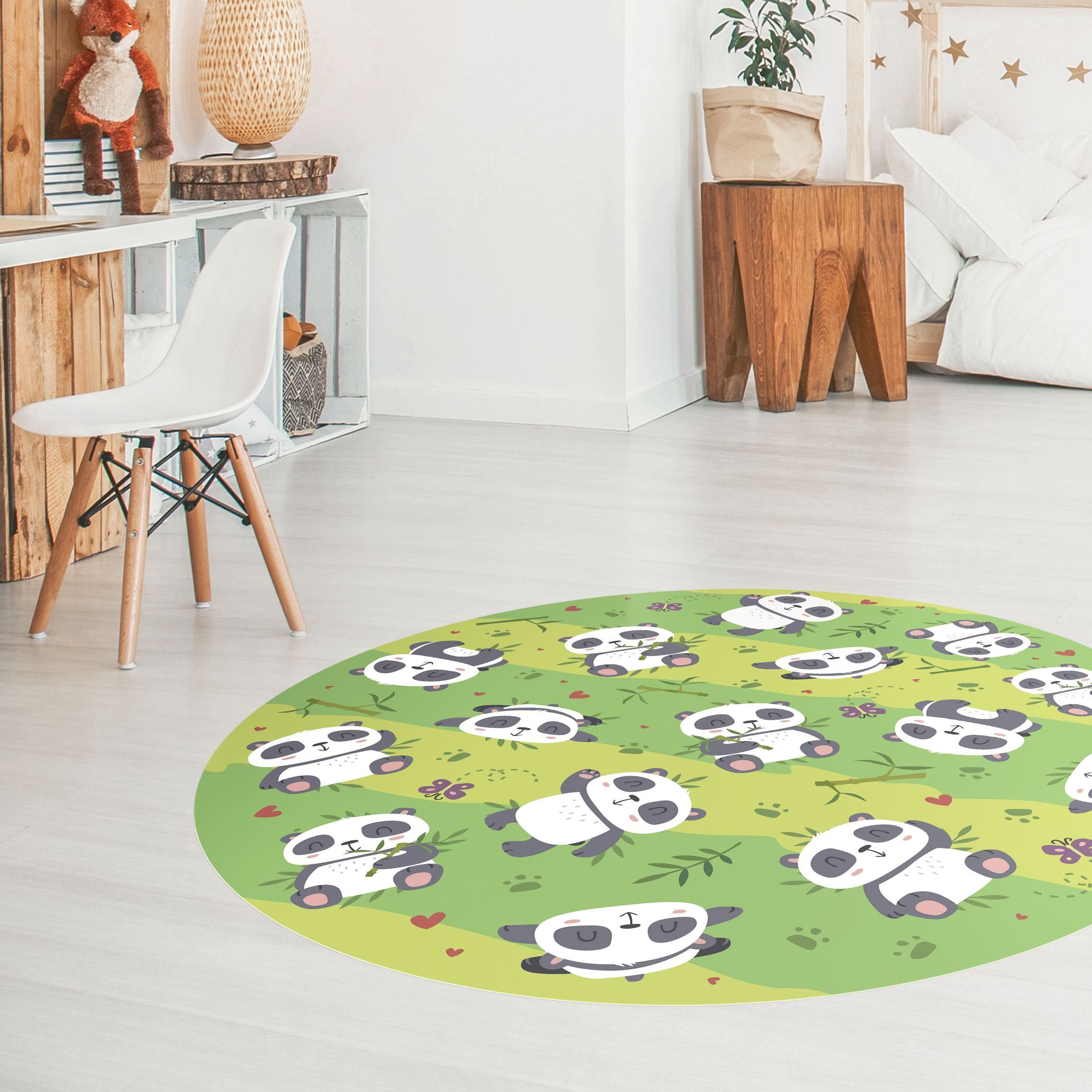 Runder Vinyl-Teppich Süße Pandabären auf Grüner Wiese