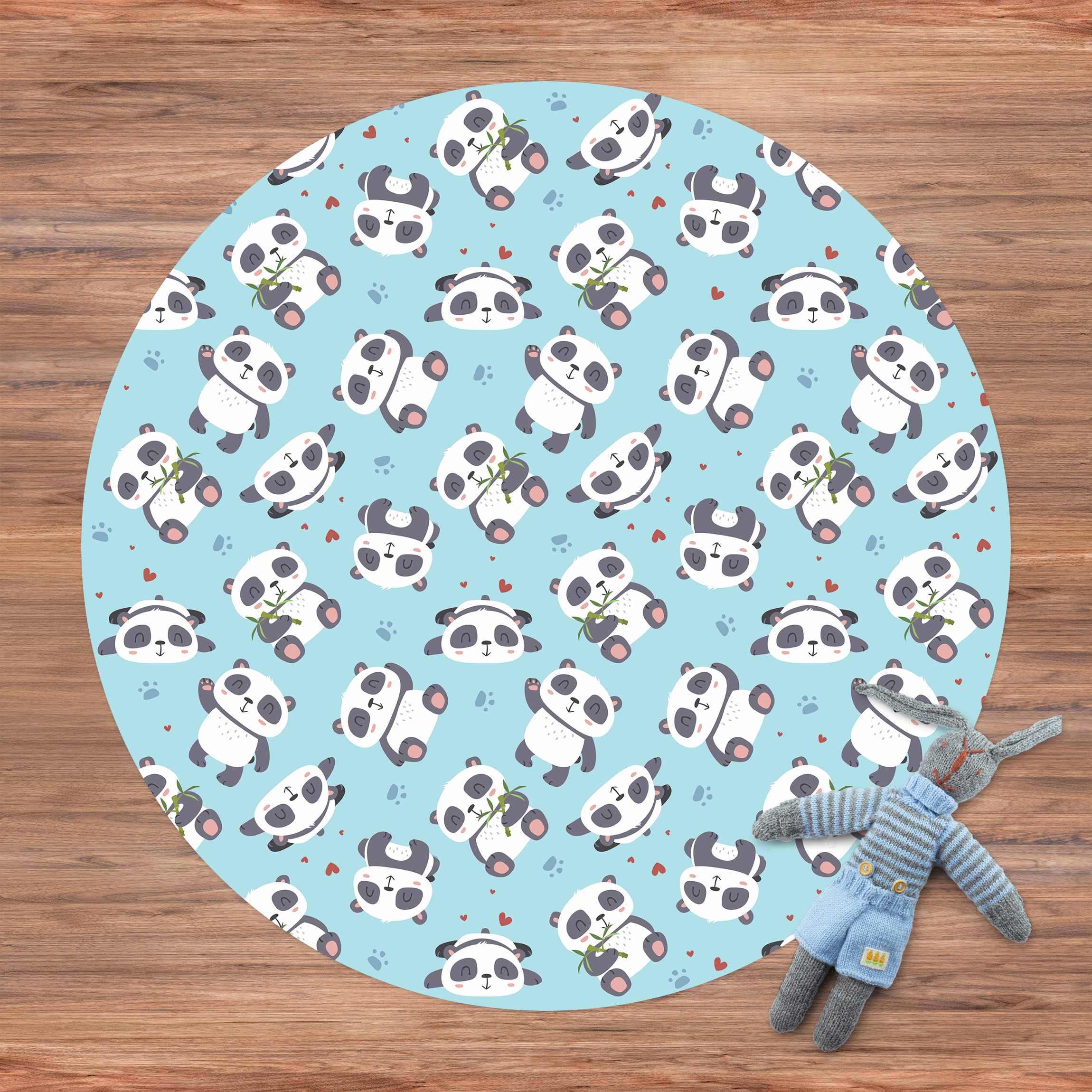 Runder Vinyl-Teppich Süße Pandabären mit Tapsen und Herzen Pastellblau