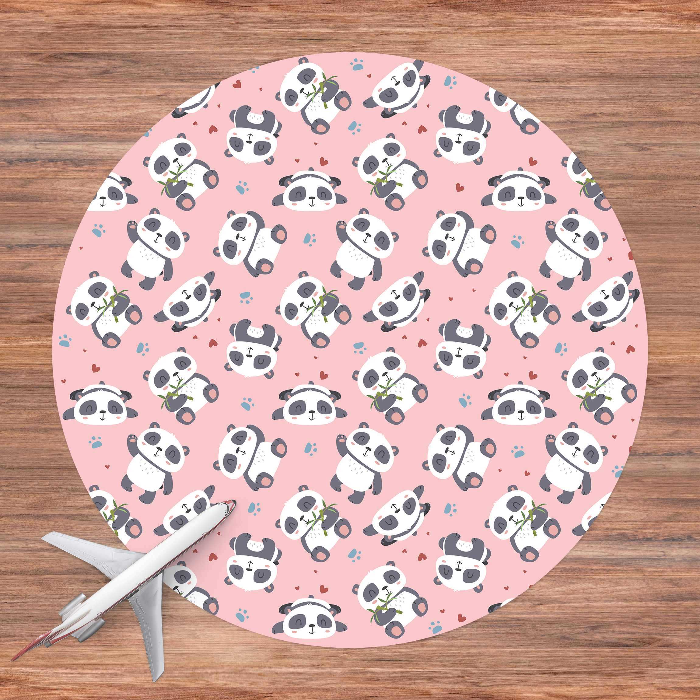 Runder Vinyl-Teppich Süße Pandabären mit Tapsen und Herzen Pastellrosa