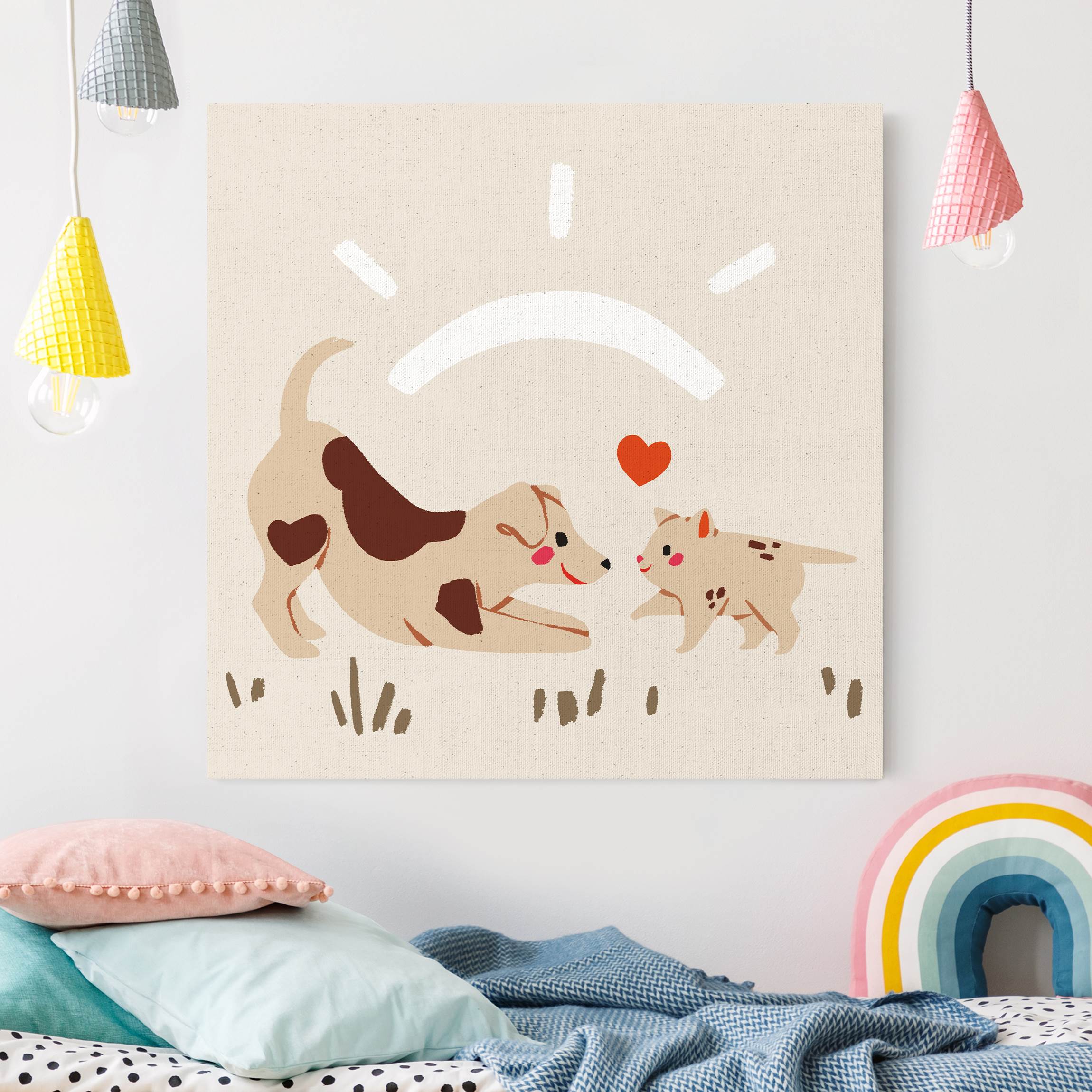 Leinwandbild auf Canvas Natural Süße Tierillustration - Hund und Katze