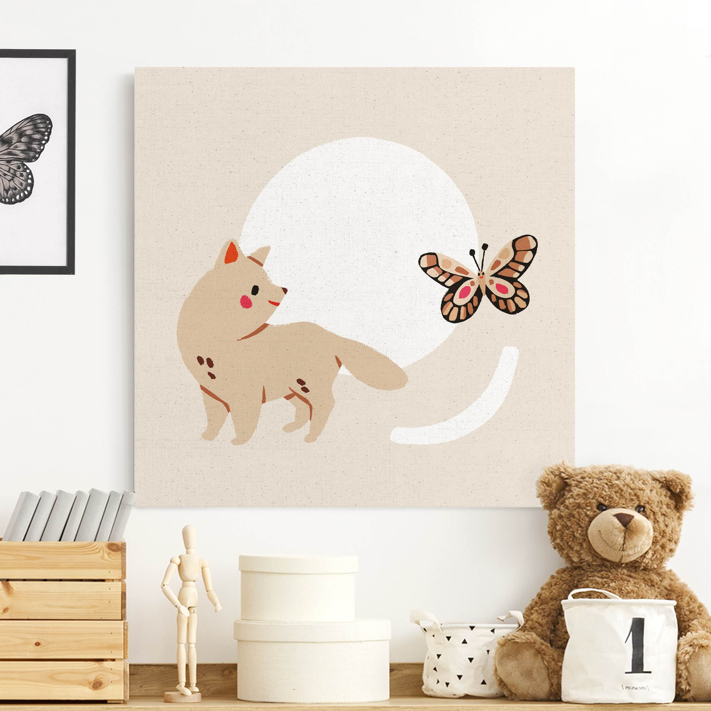 Leinwandbild auf Canvas Natural Süße Tierillustration - Katze und Schmetterling