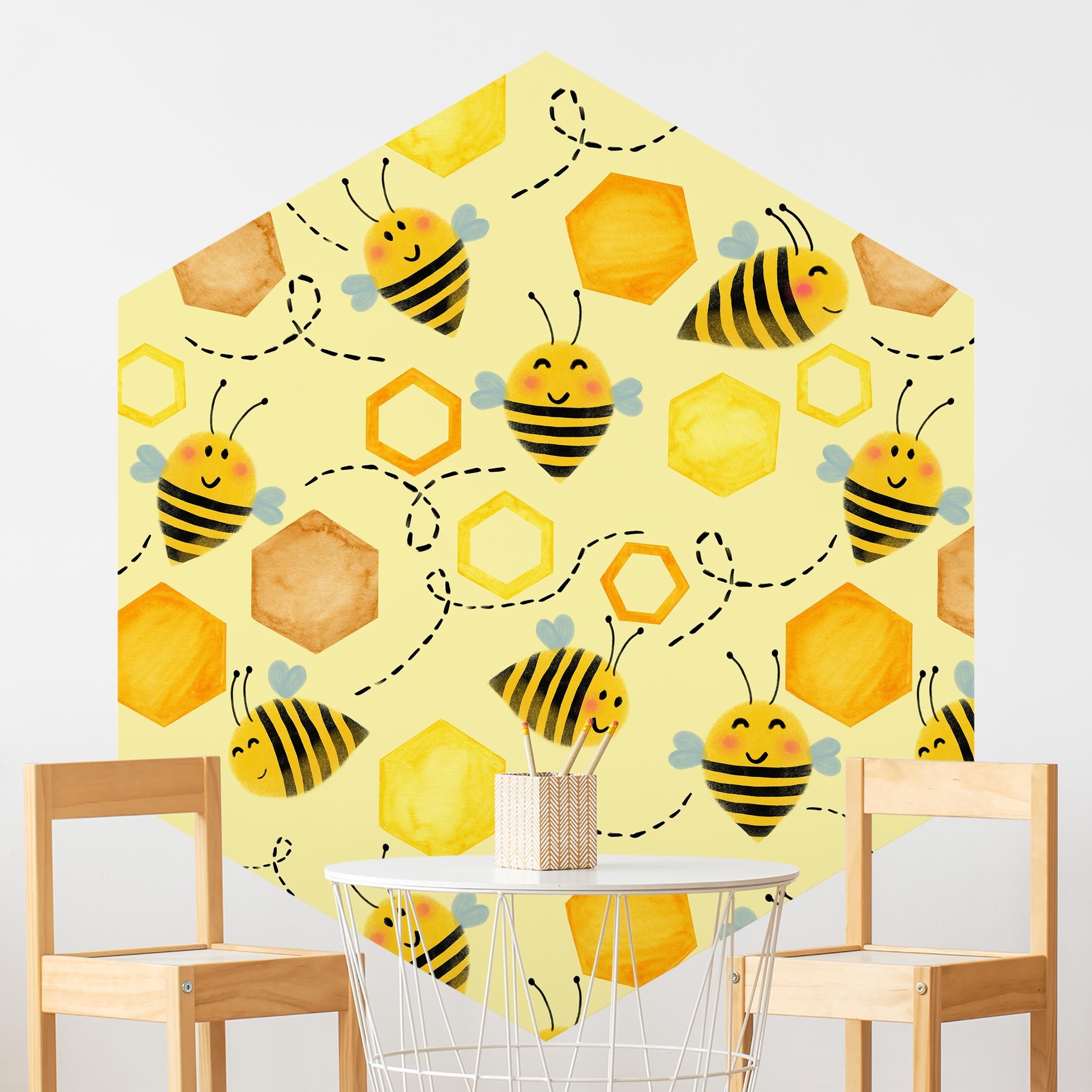 Hexagon Mustertapete selbstklebend Süßer Honig mit Bienen Illustration