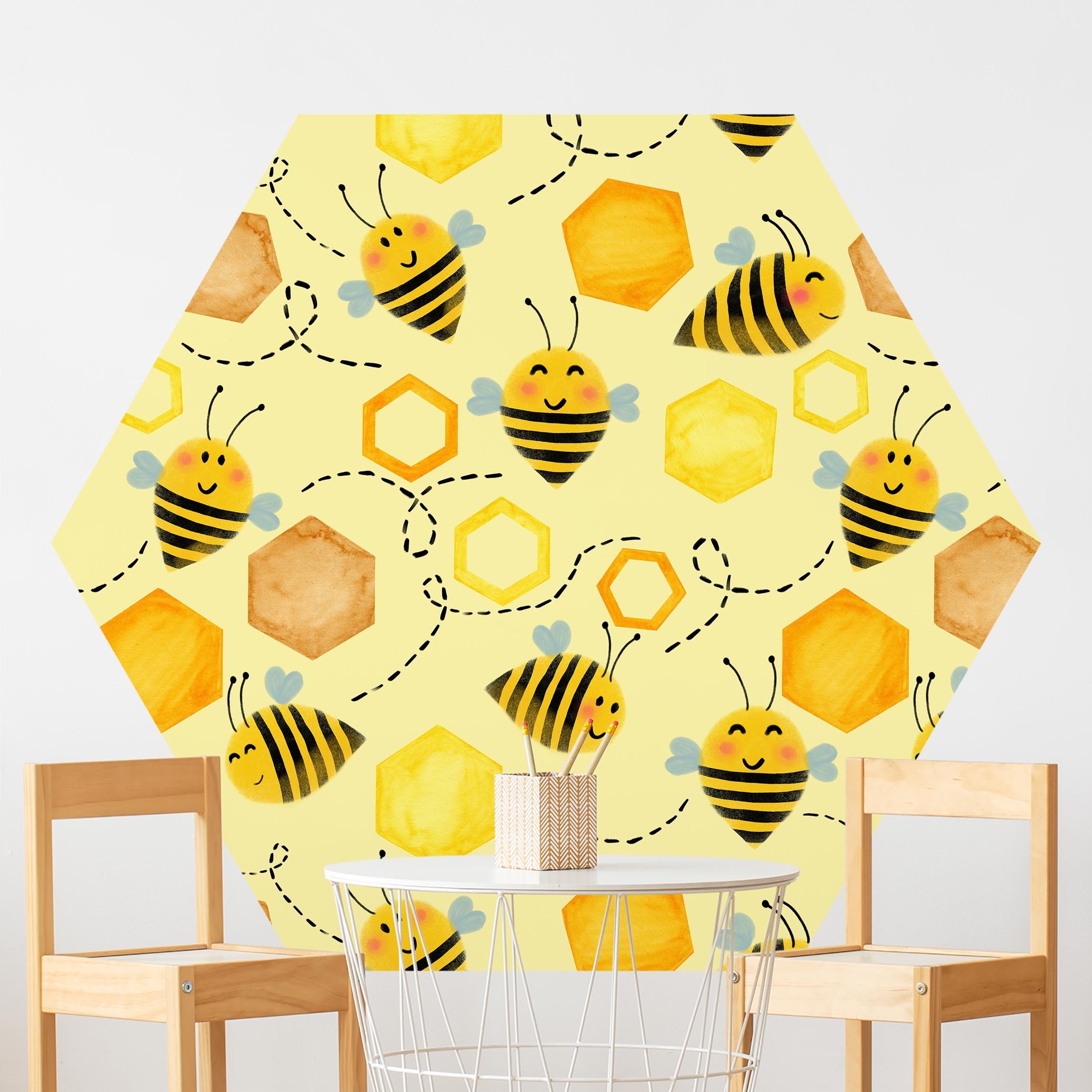 Hexagon Mustertapete Süßer Honig mit Bienen Illustration