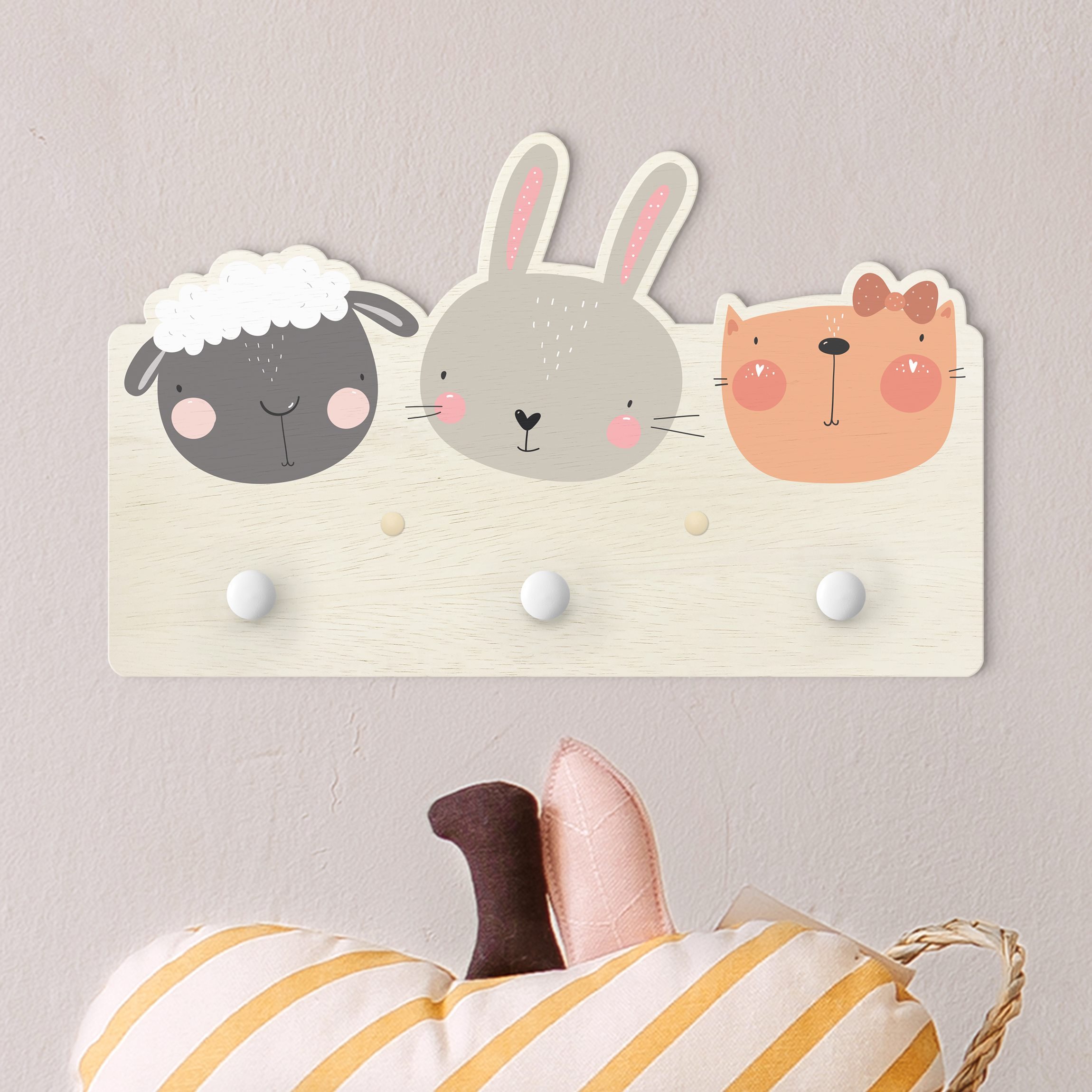 Kindergarderobe Holz Süßer Zoo - Schaf Hase und Katze