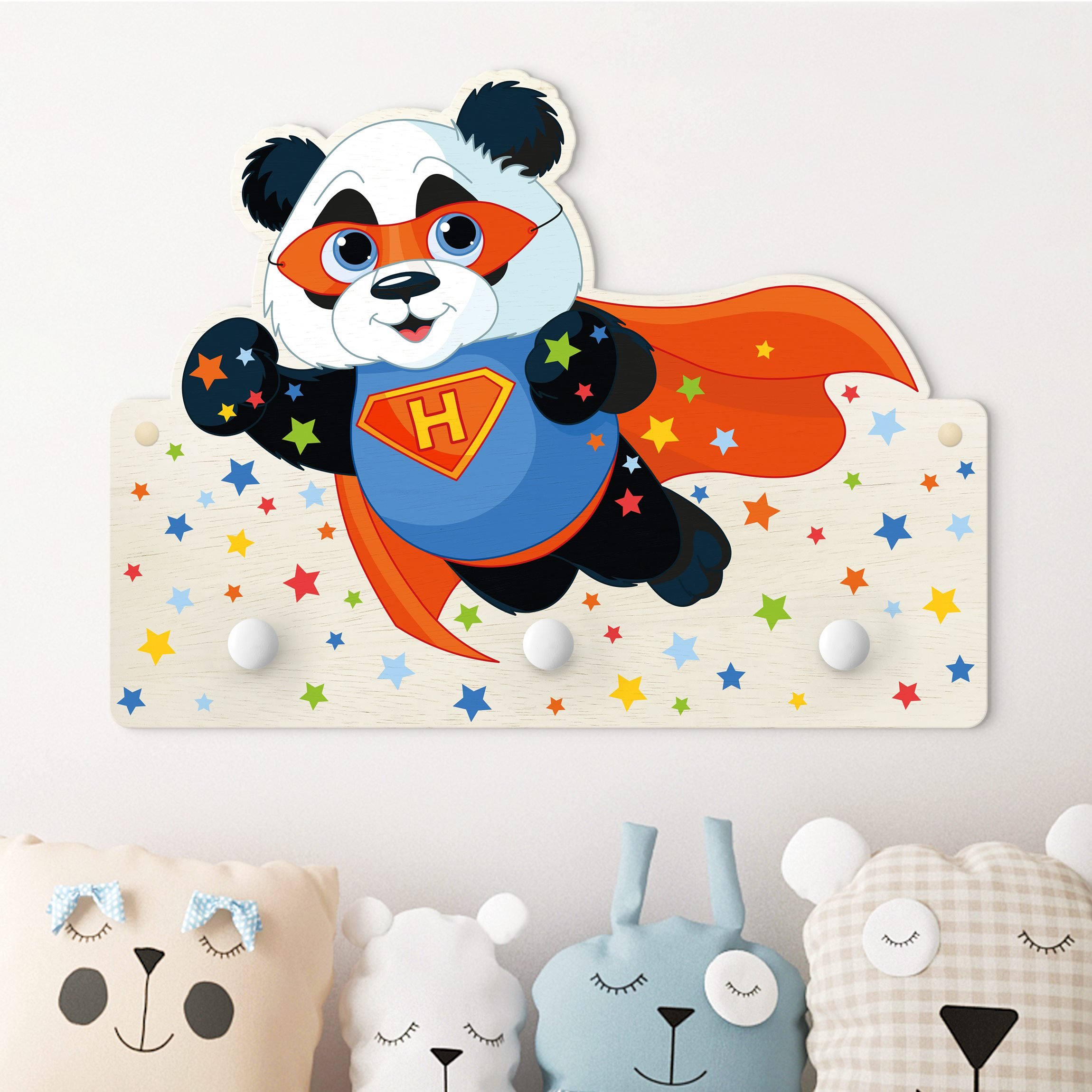 Kindergarderobe Holz mit Namen Super Panda mit Wunschbuchstaben