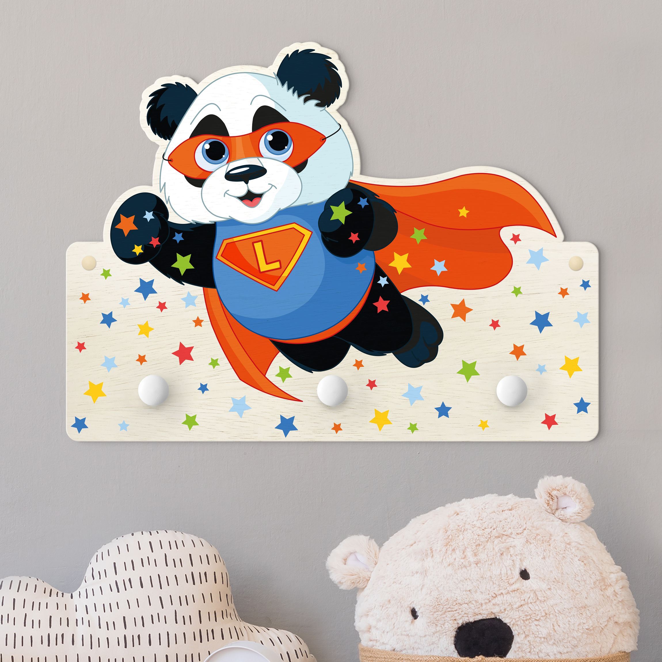 Kindergarderobe Holz mit Namen Super Panda mit Wunschbuchstaben