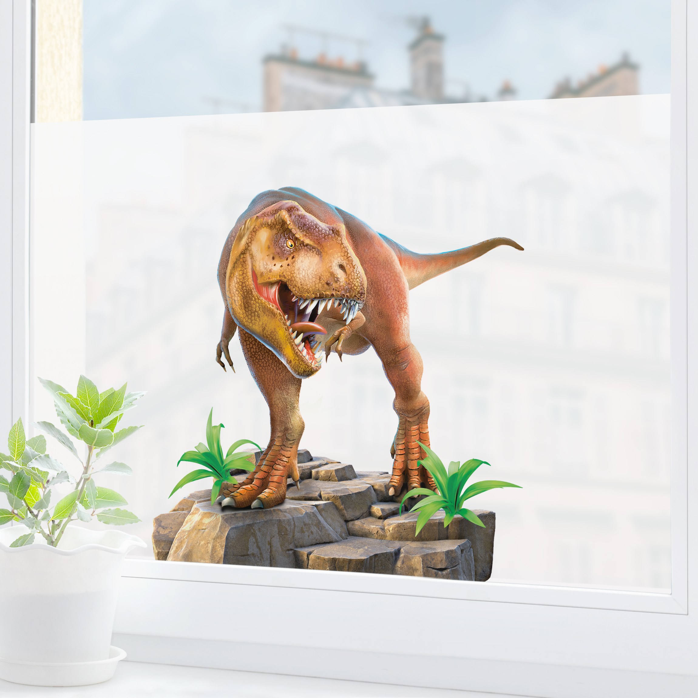 Fensterfolie T-Rex schaut ins Fenster