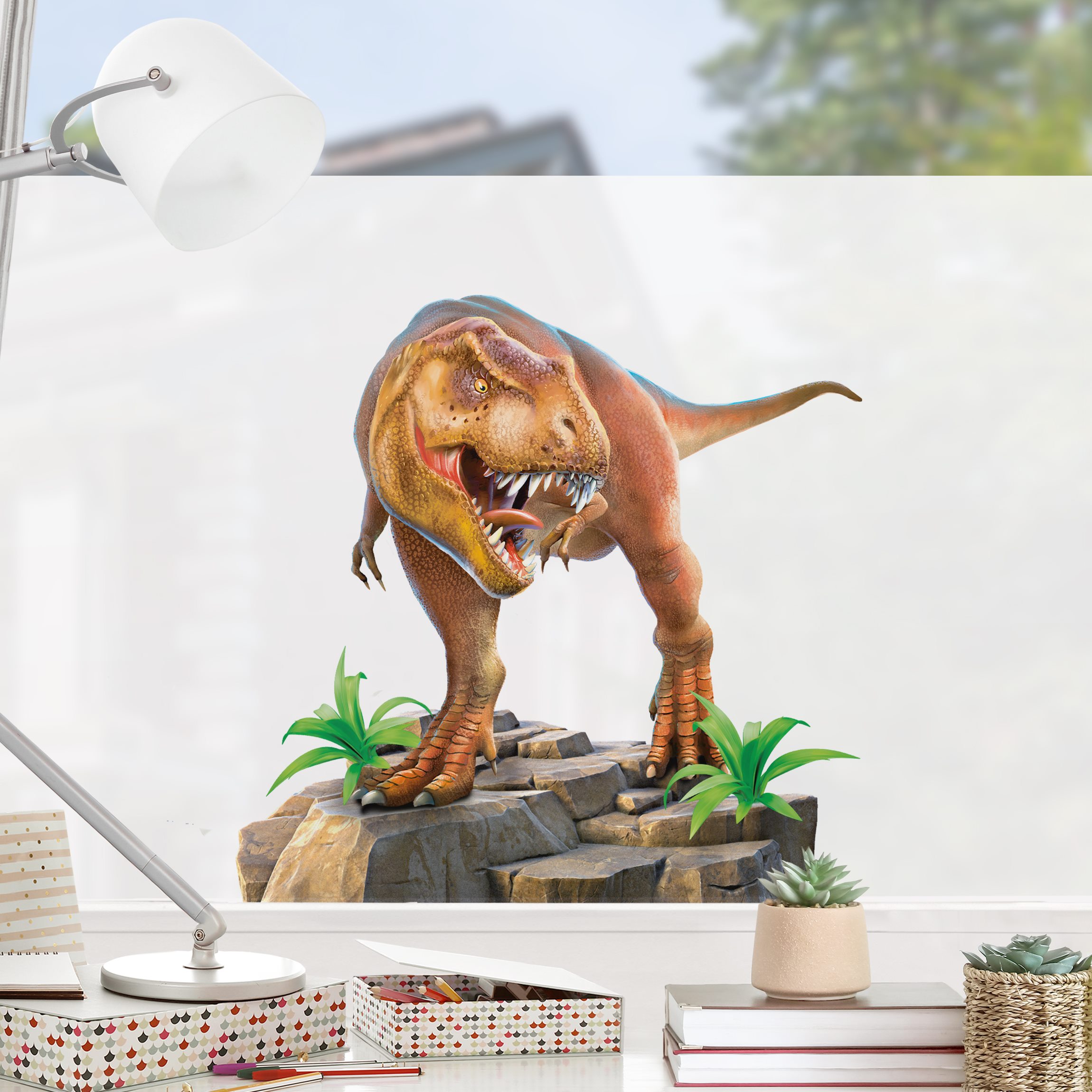 Fensterfolie T-Rex schaut ins Fenster