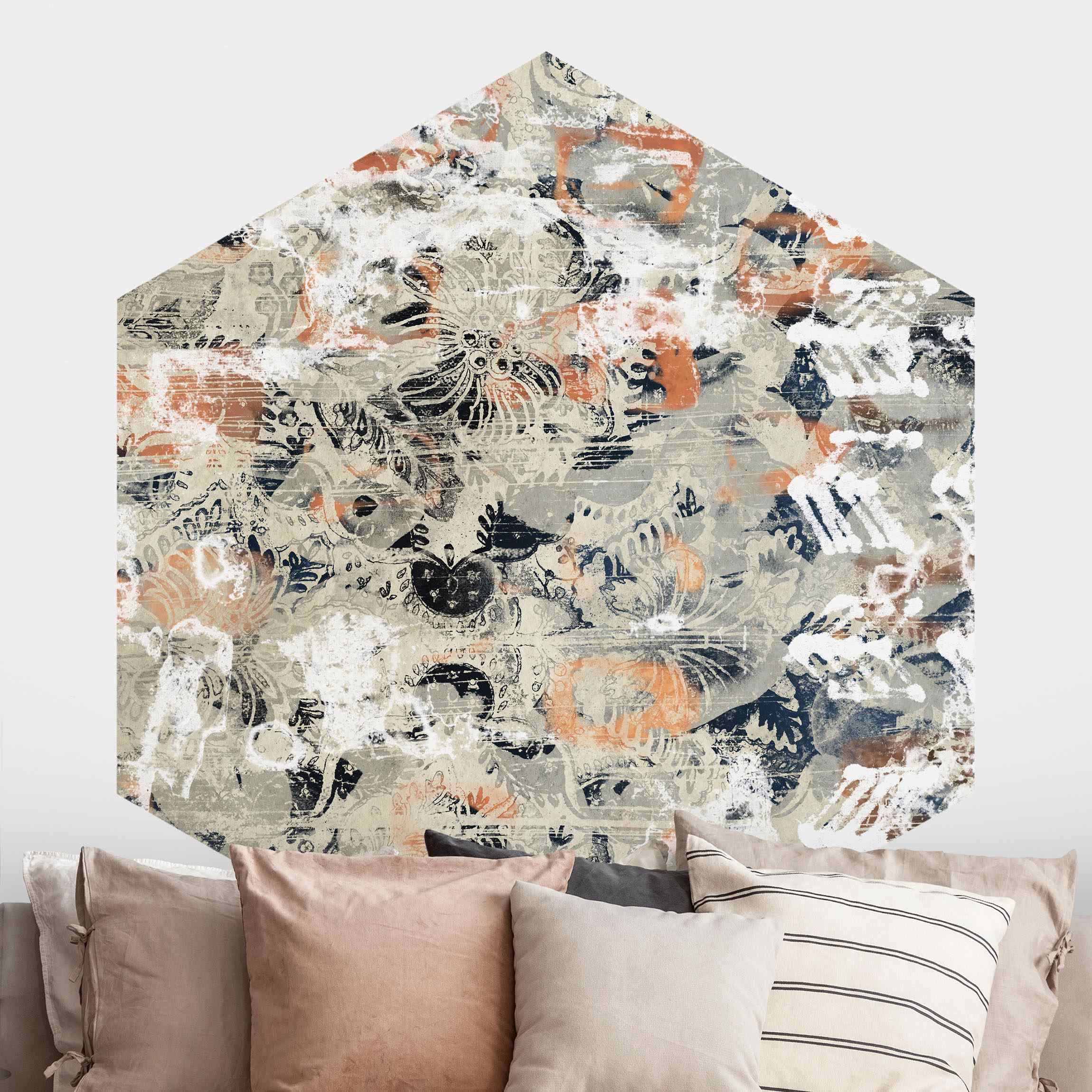 Hexagon Mustertapete selbstklebend Terracotta Collage II