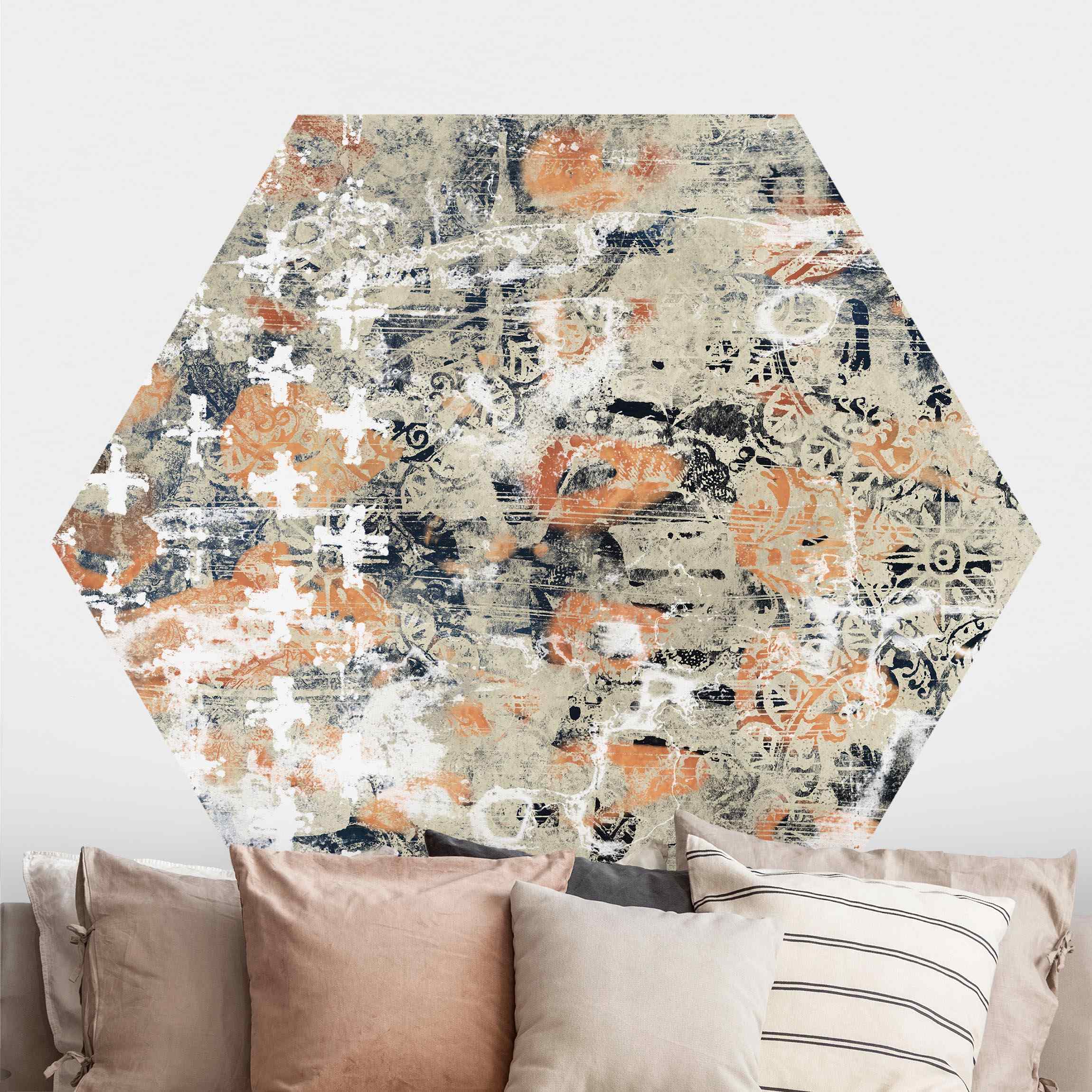 Hexagon Mustertapete selbstklebend Terracotta Collage