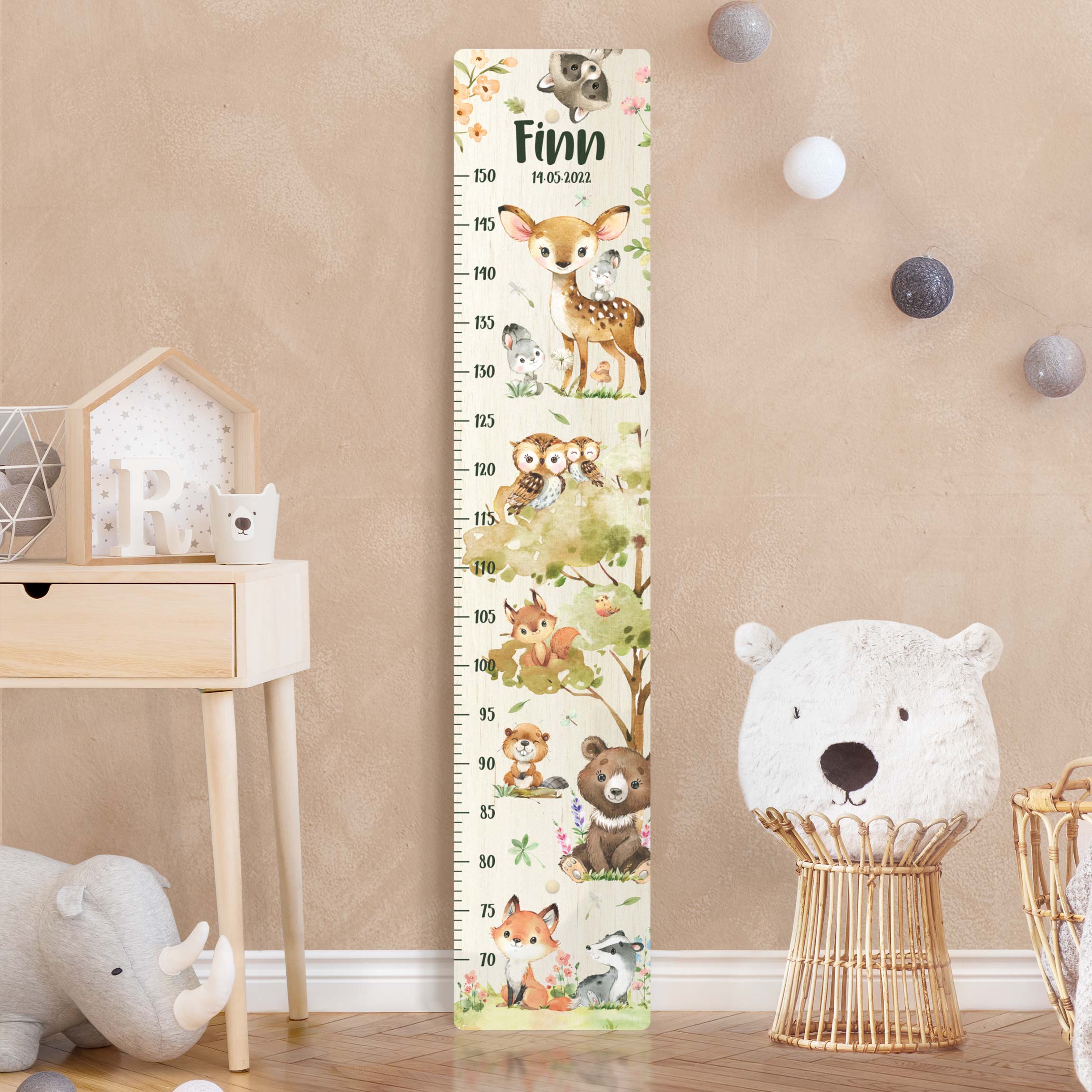 Kindermesslatte Holz Tiere aus dem Wald Aquarell mit Wunschname