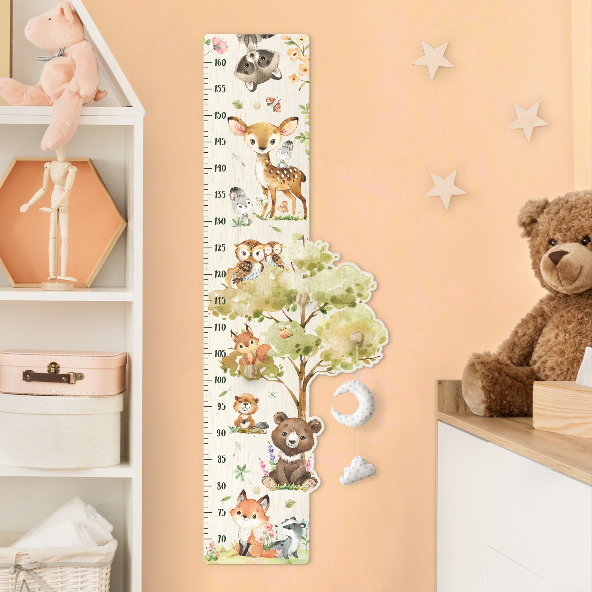 Kindermesslatte Holz mit Haken Tiere aus dem Wald Aquarell