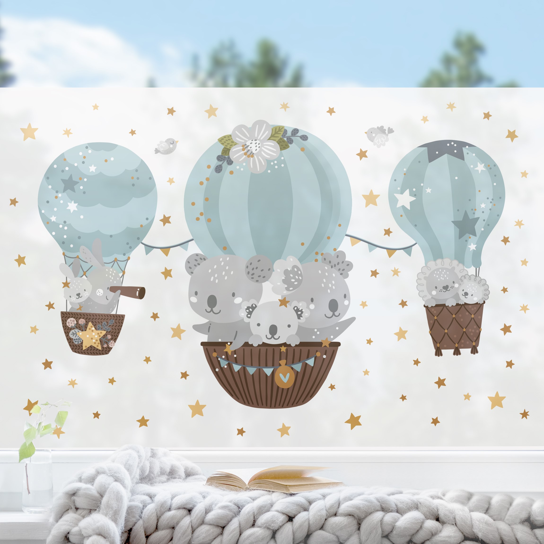 Fensterfolie Tiere in Ballons mit Sternen blau