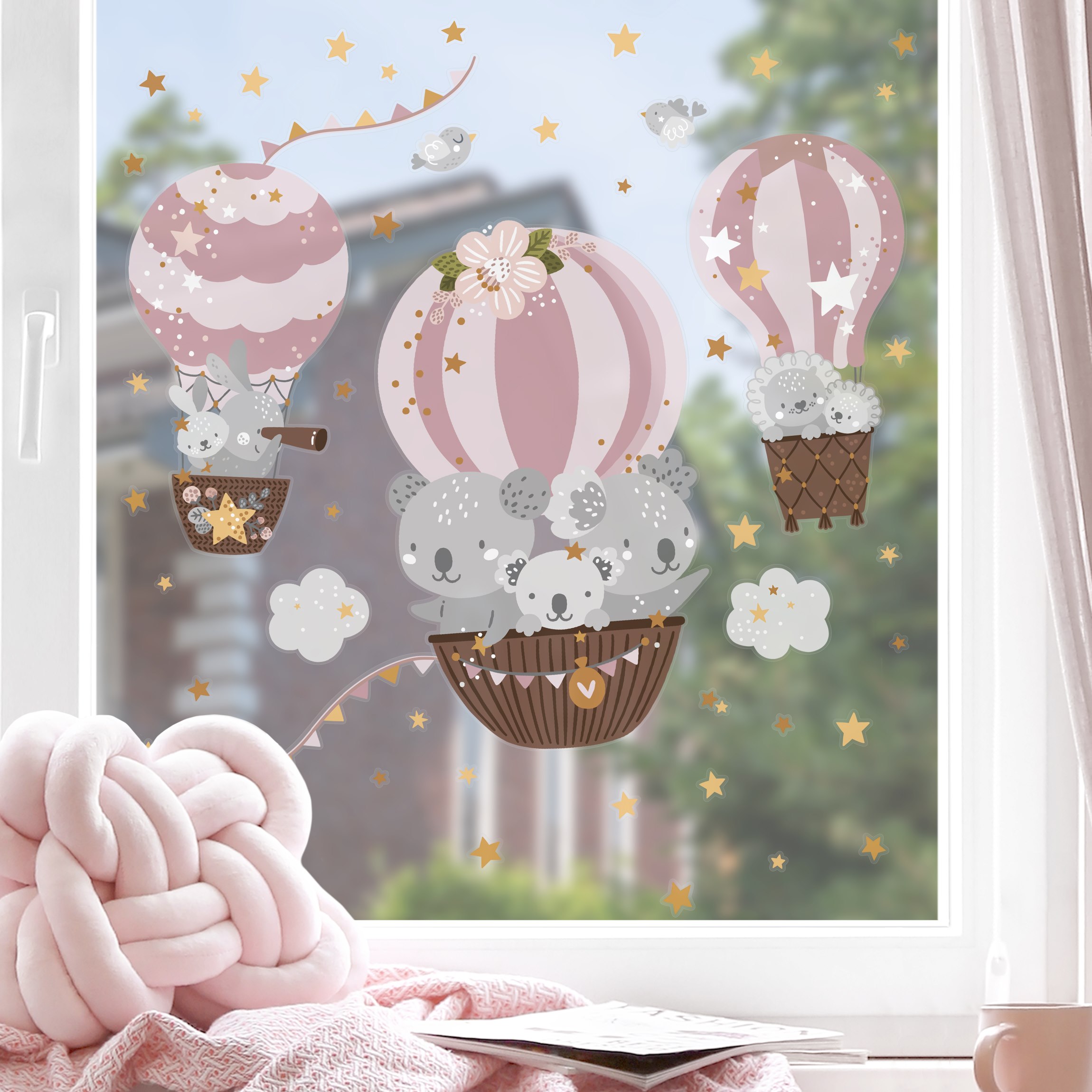 Fensteraufkleber Tiere in Ballons mit Sternen rosa
