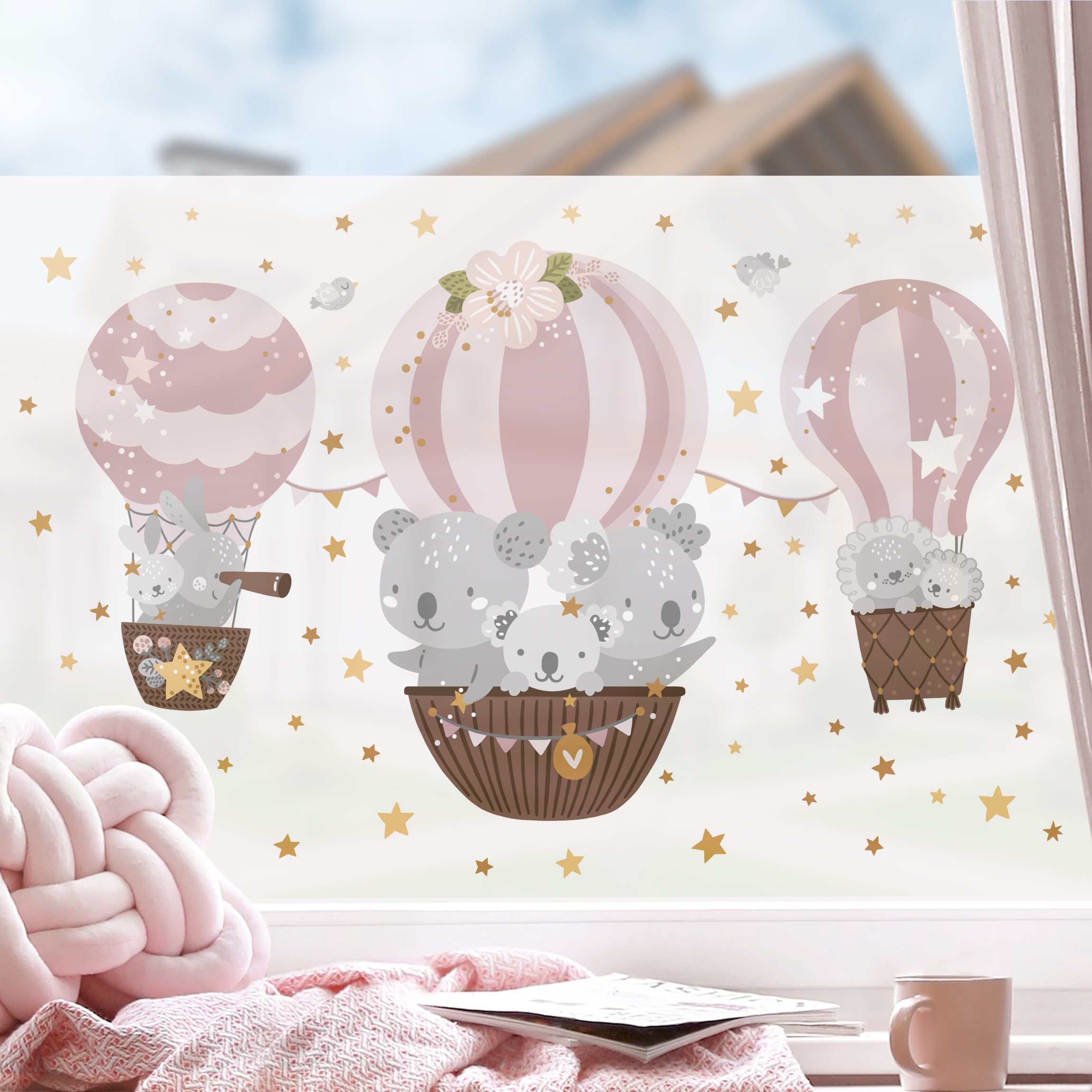 Fensterfolie Tiere in Ballons mit Sternen rosa