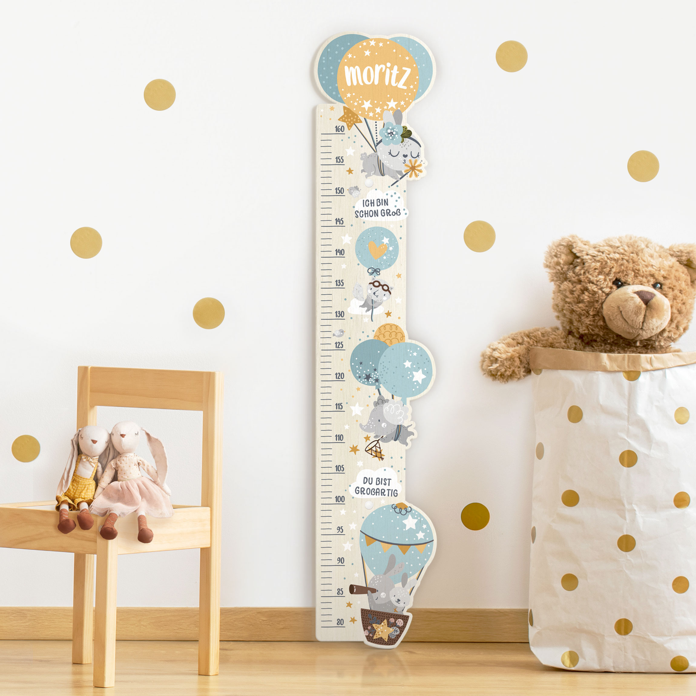 Kindermesslatte Holz Tiere in Ballons mit Wunschname Blau